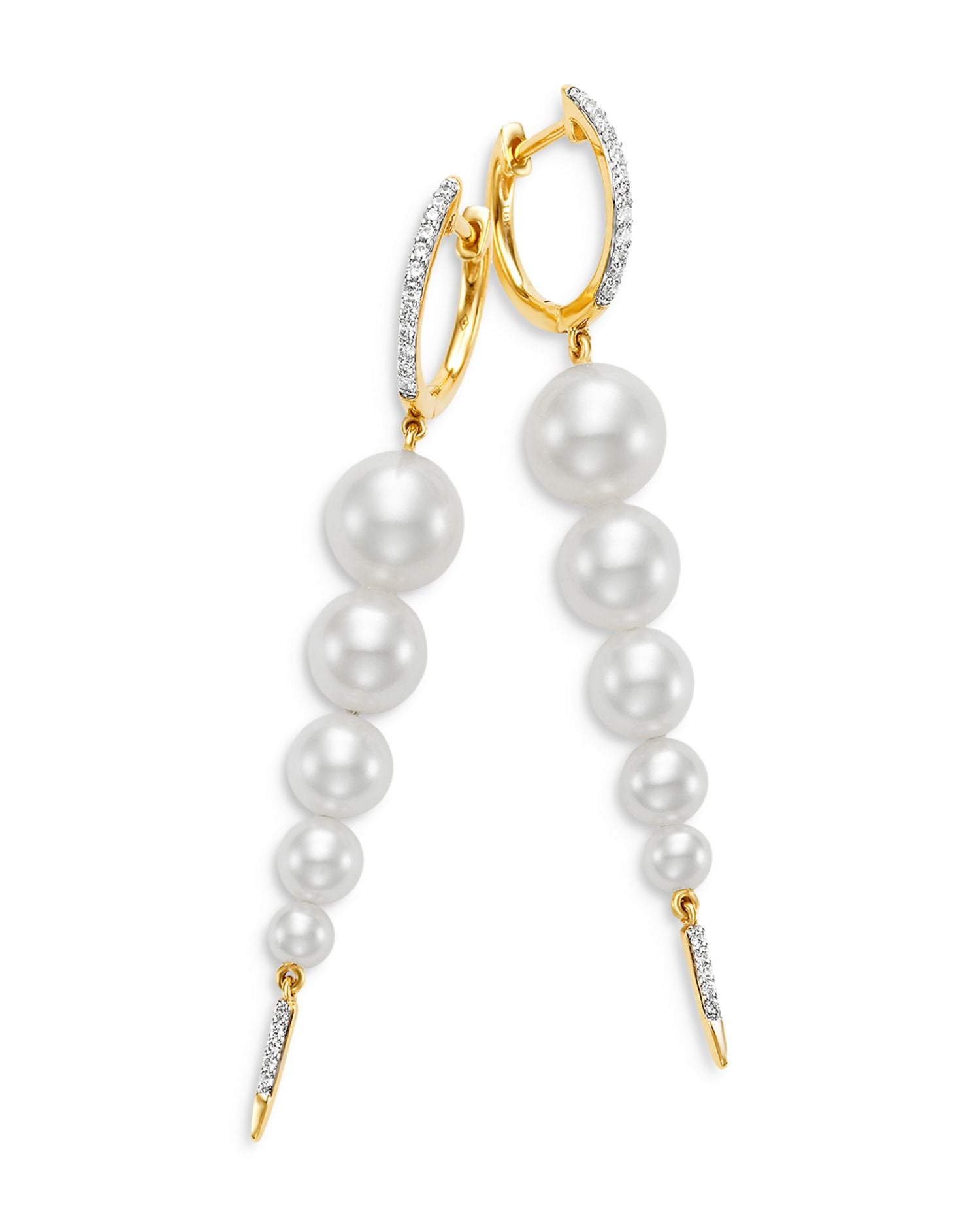 Cultured Freshwater Pearl & Diamond Graduated Spear Drop Earrings in 14K Yellow Gold