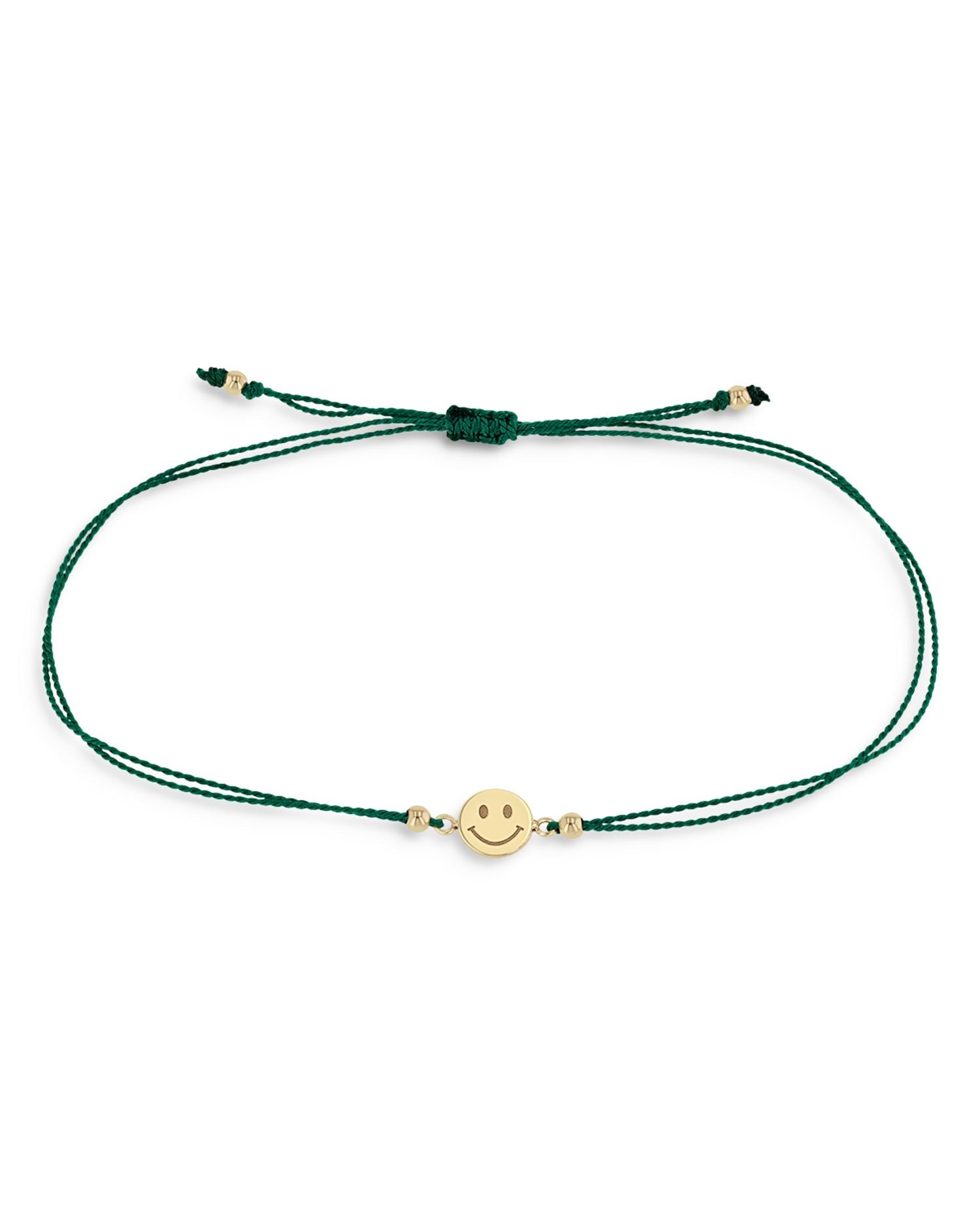 14K Yellow Gold Midi Bitty Smiley Face Green Cord Bracelet