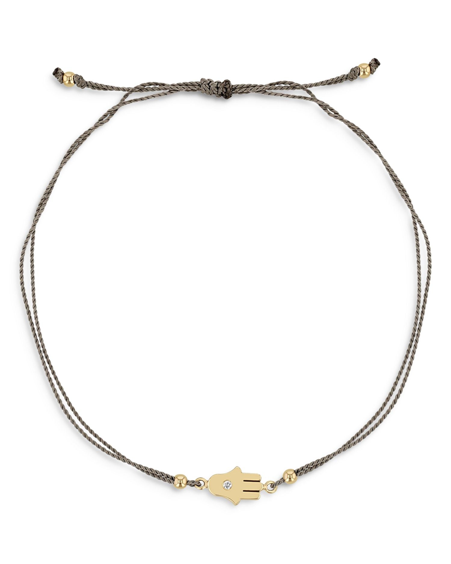14K Yellow Gold Midi Bitty Diamond Hamsa Gray Silk Cord Bracelet