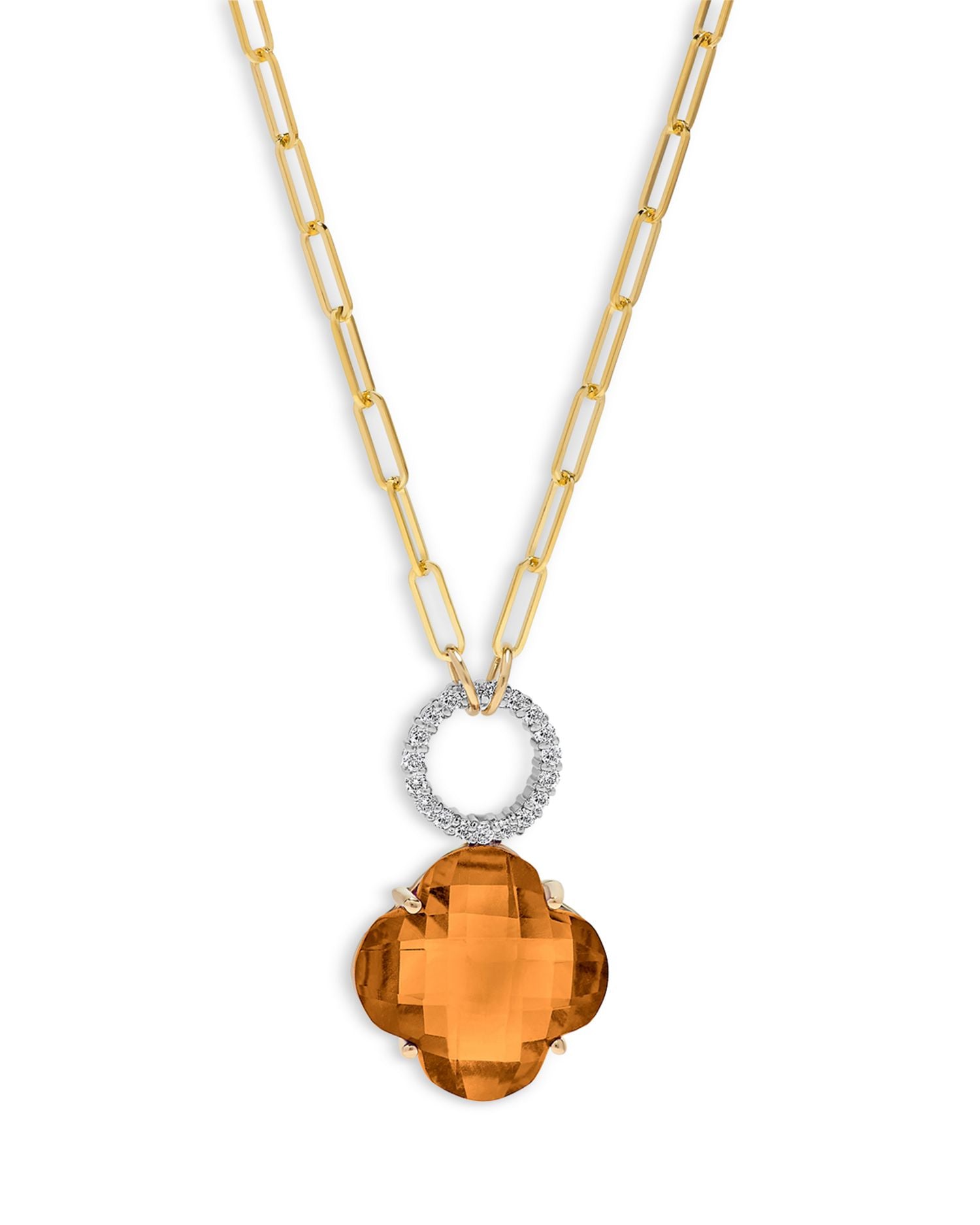 Citrine Clover & Diamond Pendant Necklace in 14k Yellow & White Gold, 16'