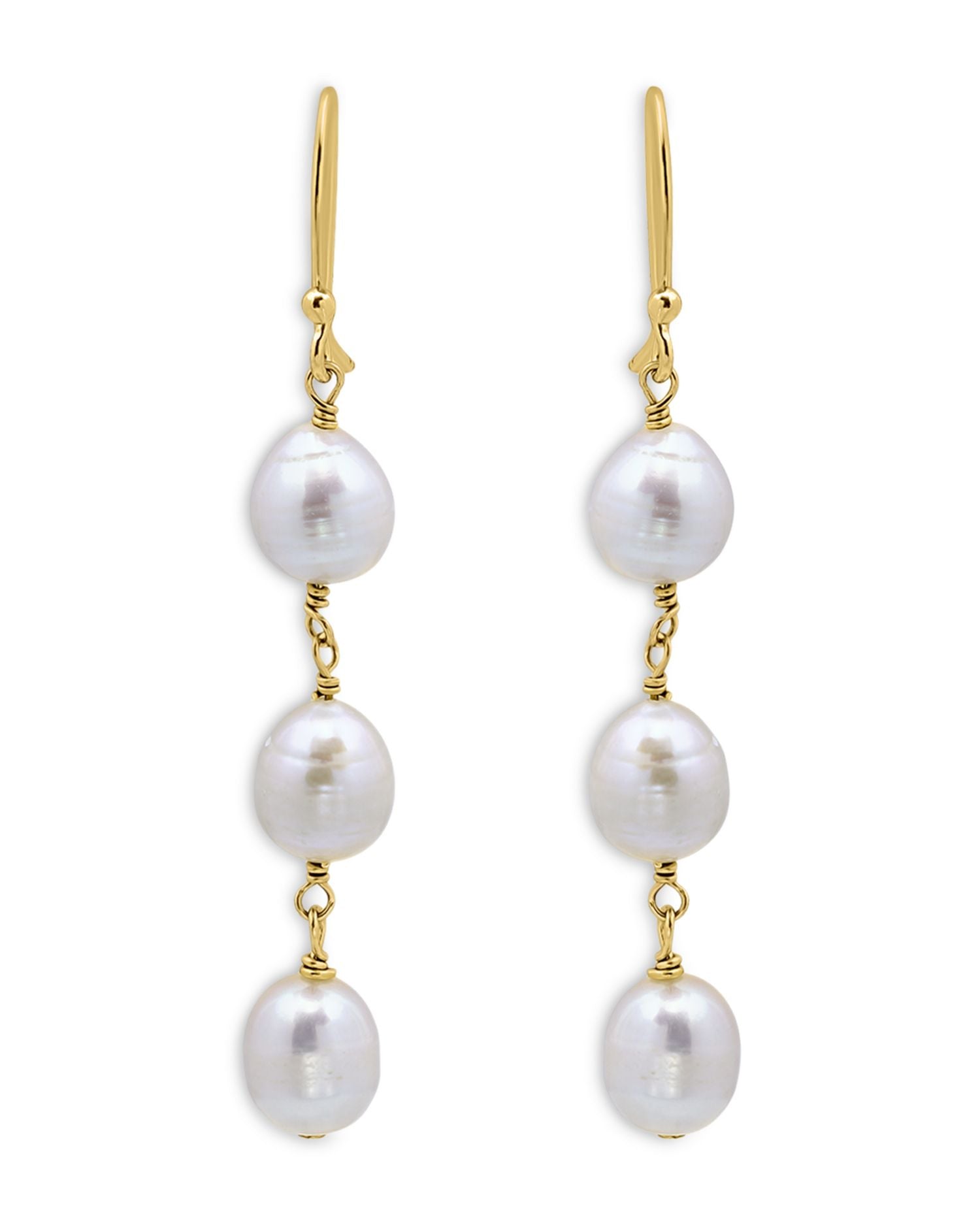 Cultured Freshwater Pearl Triple Drop Earrings in 18K Gold Plated Sterling Silver - Exclusive