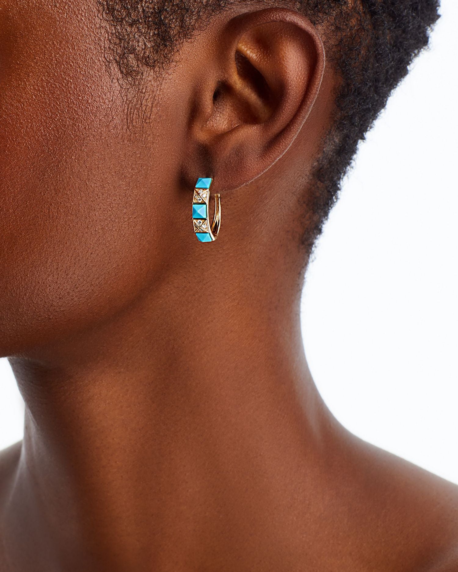 Turquoise & Diamond Small Hoop Earrings in 14K Yellow Gold