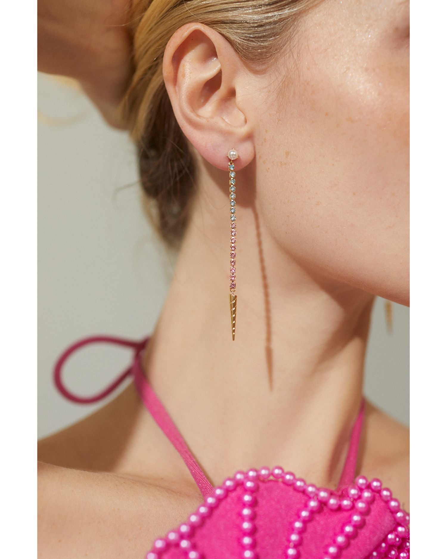 Multicolor Crystal & Imitation Pearl Linear Drop Earrings in 18K Gold Plated