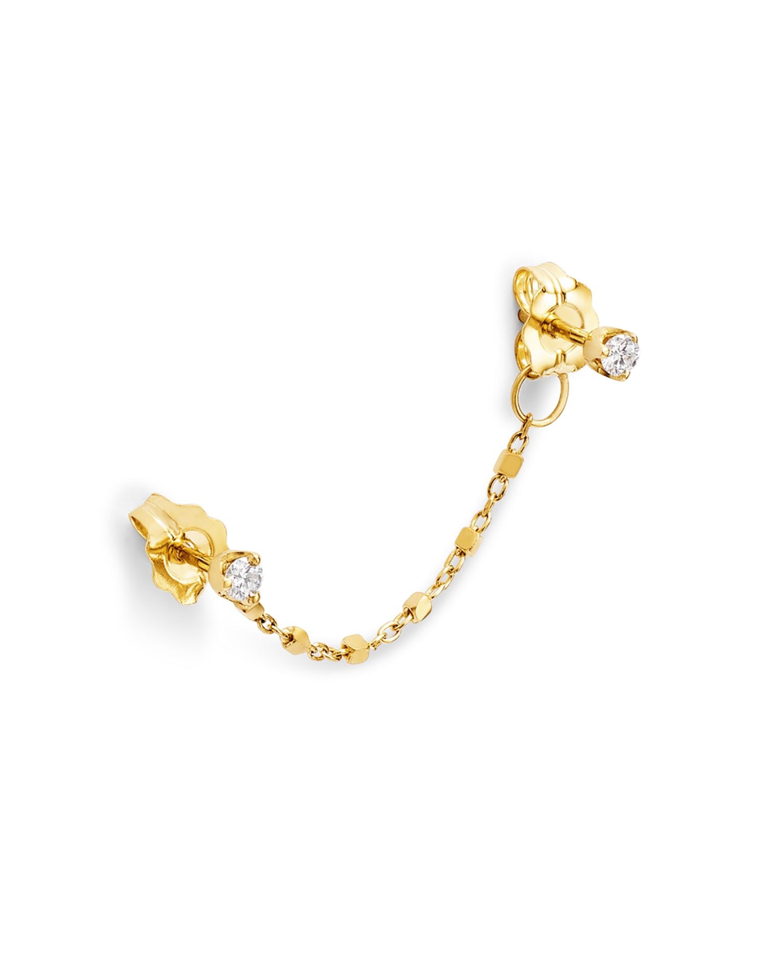 14K Yellow Gold Prong Diamonds Diamond Double Stud Bead Chain Single Earring