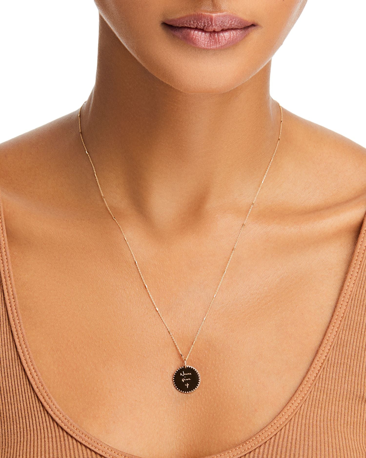 14K Yellow Gold Mantra Never Give Up Disc Pendant Necklace, 18'