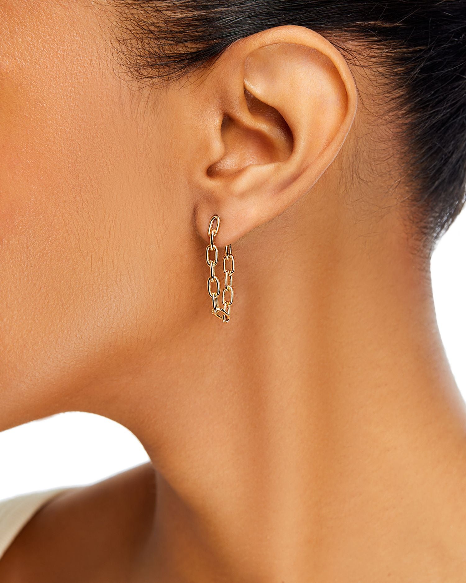 14K Yellow Gold Heavy Metal Square Oval Link Chain Hoop Earrings