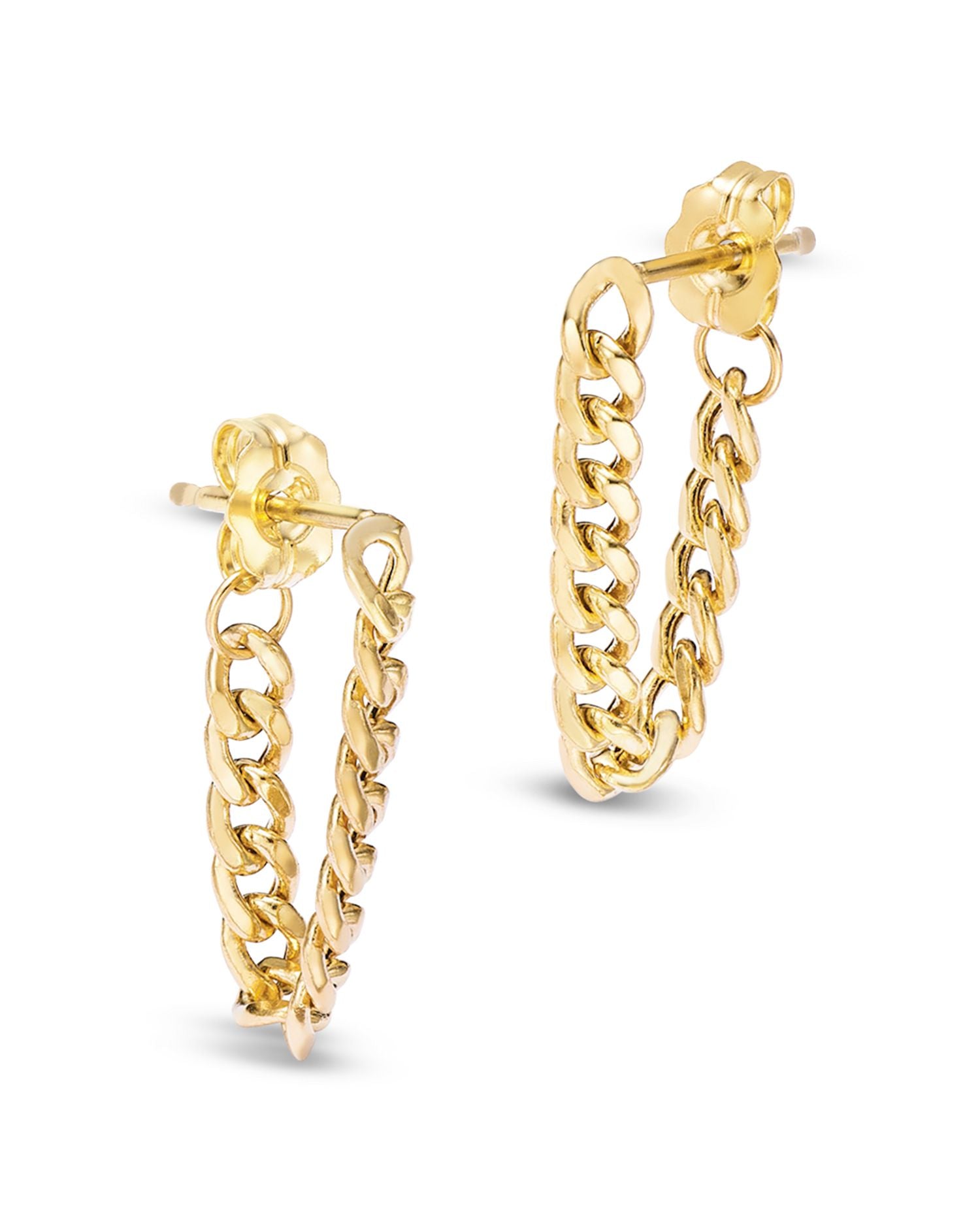 14K Yellow Gold Heavy Metal Small Curb Link Chain Hoop Earrings