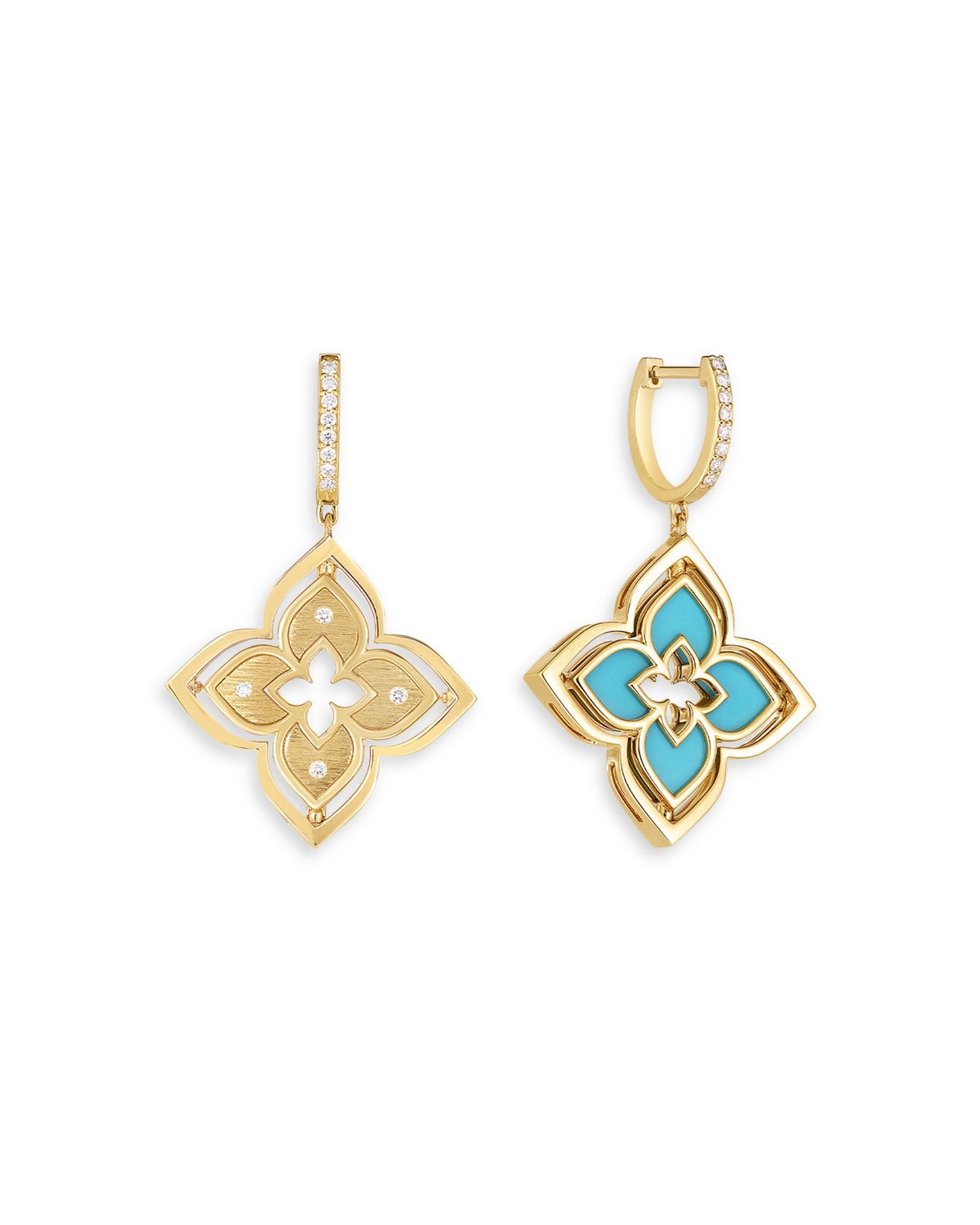18K Yellow Gold Venetian Princess Pirouette Turquoise & Diamond Reversible Flower Drop Earrings