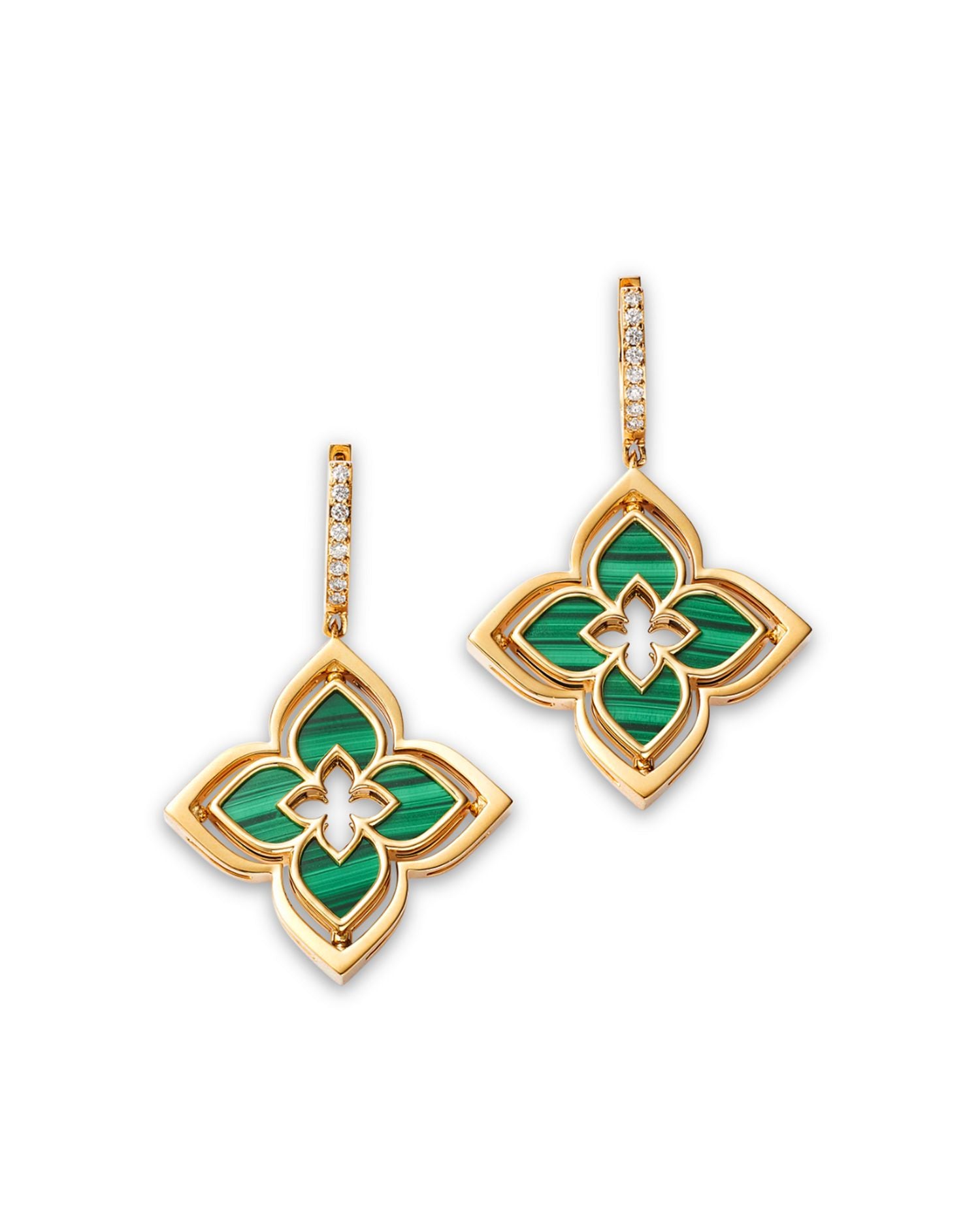 18K Yellow Gold Venetian Princess Pirouette Malachite & Diamond Reversible Flower Drop Earrings