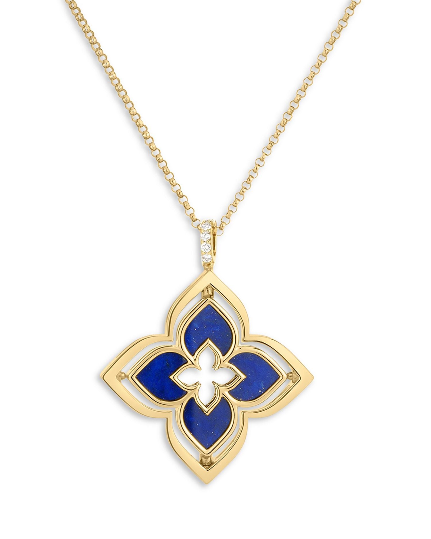 18K Yellow Gold Venetian Princess Pirouette Lapis & Diamond Reversible Flower Pendant Necklace, 16-17'
