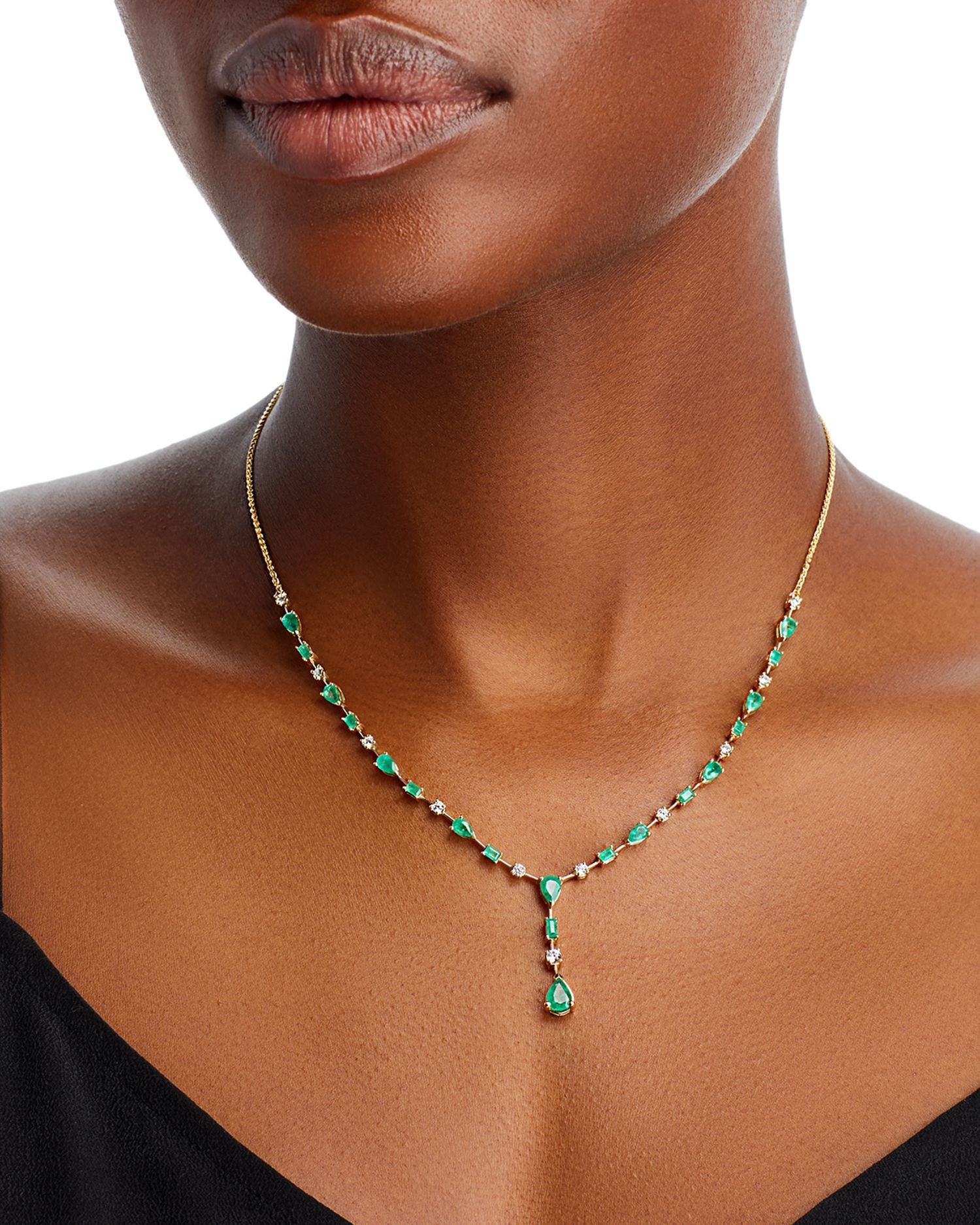 Emerald & Diamond Y Necklace in 14K Yellow Gold, 18" - Exclusive