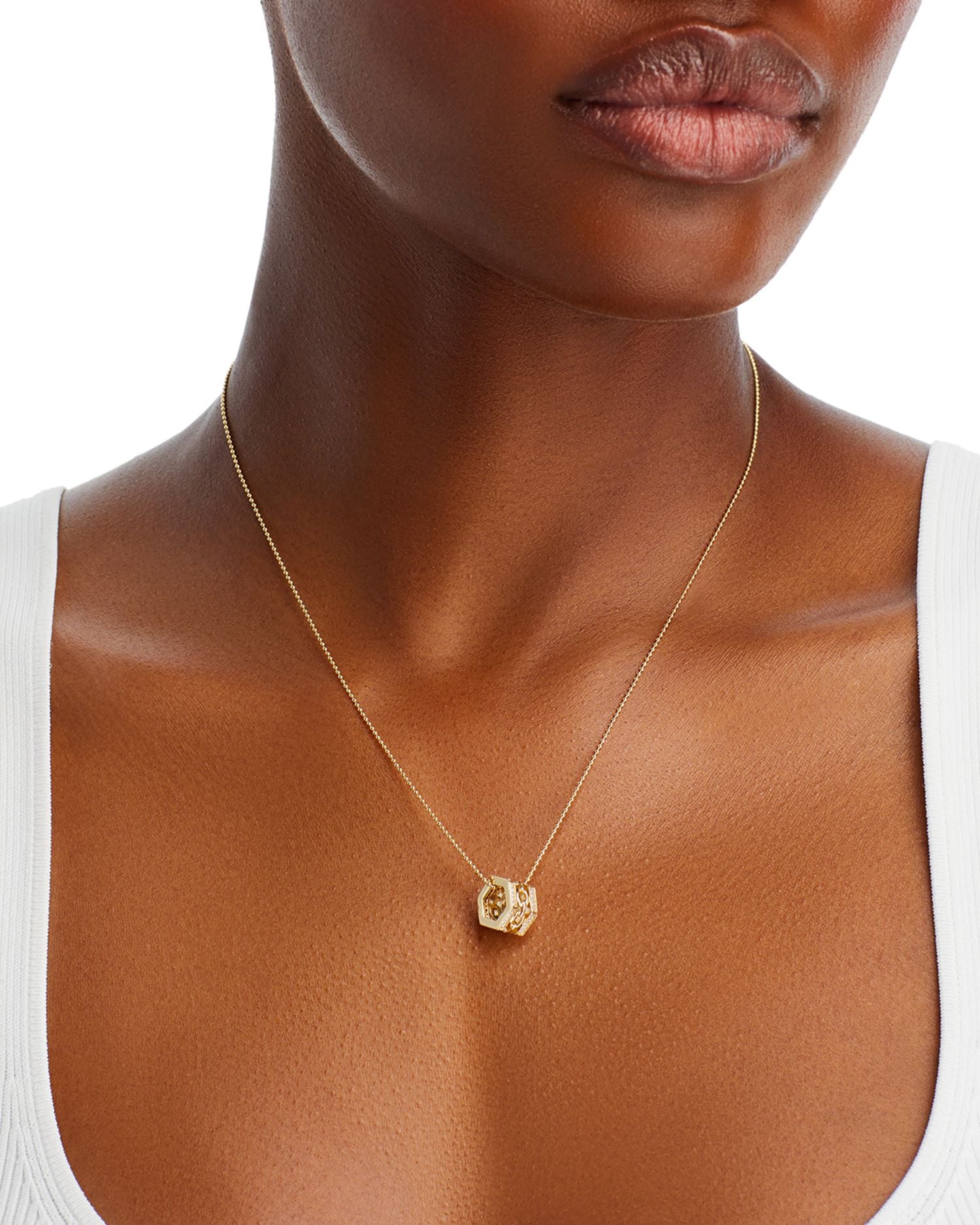 Diamond Hexagon Chain Link Floater Pendant Necklace in 14K Yellow Gold, 0.15 ct. t.w.