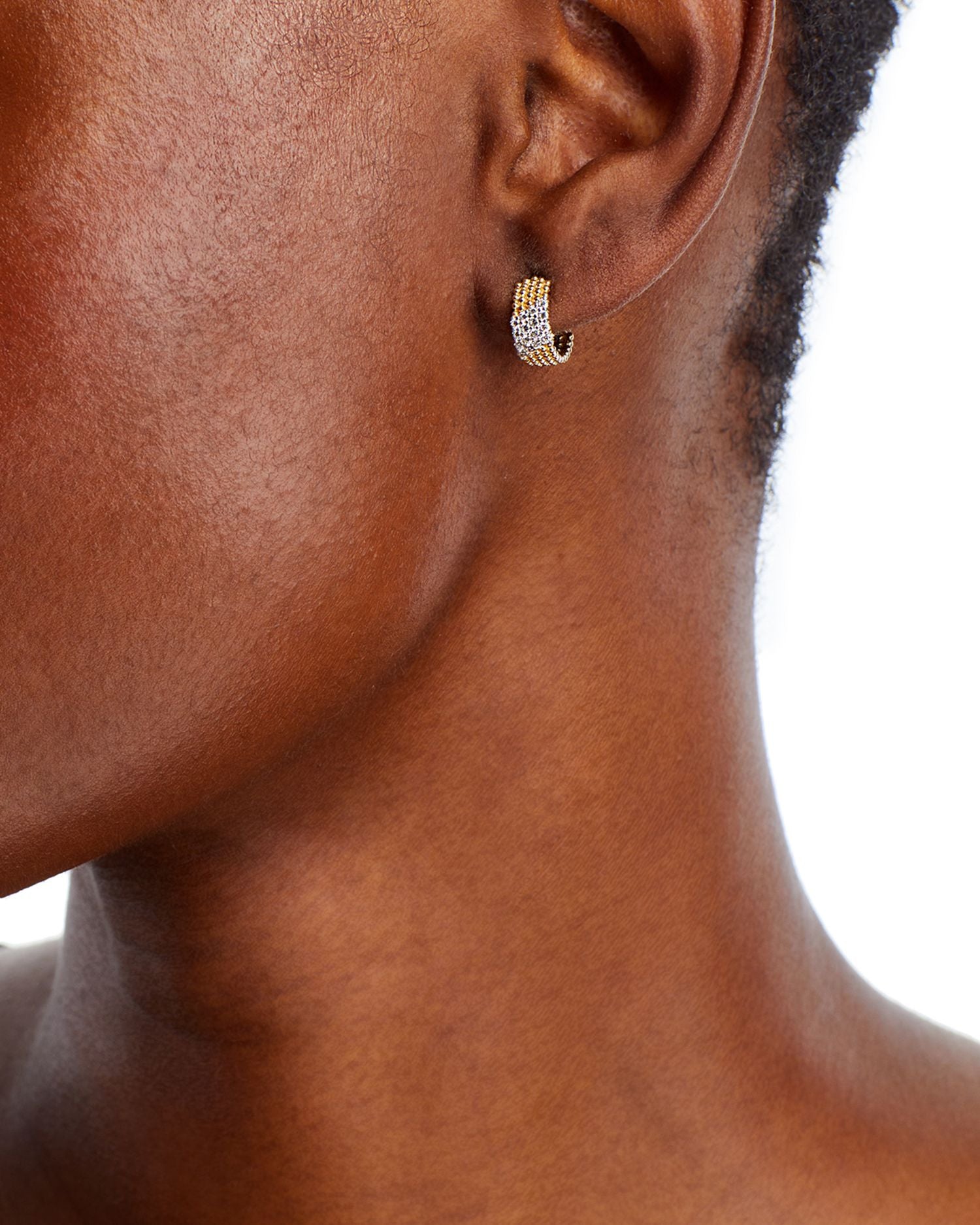 Diamond & Beaded Small Half Hoop Earrings in 14K Yellow Gold, 1.30 ct. t.w.