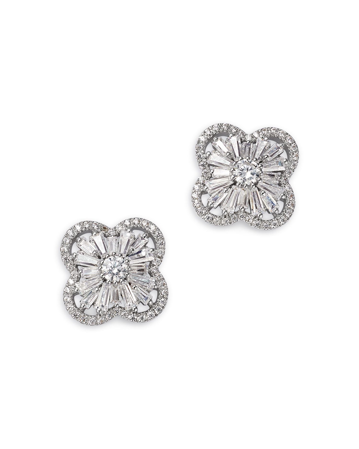 Diamond Round & Baguette Flower Stud Earrings in 14K White Gold, 1.50 ct. t.w.