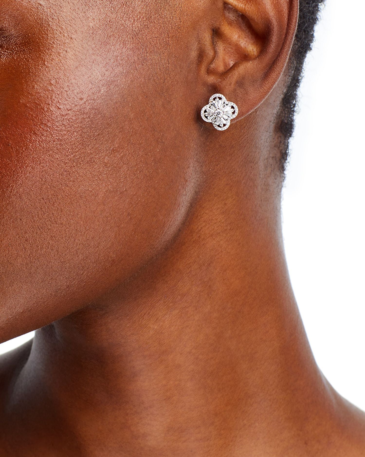 Diamond Round & Baguette Flower Stud Earrings in 14K White Gold, 1.50 ct. t.w.