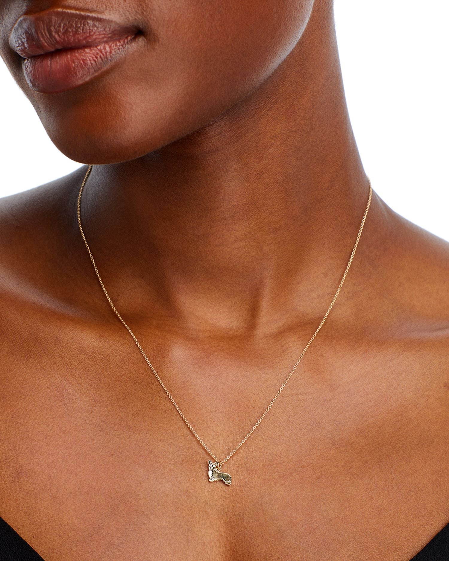 14K Yellow Gold White Sapphire Corgi Pendant Necklace, 16-18'