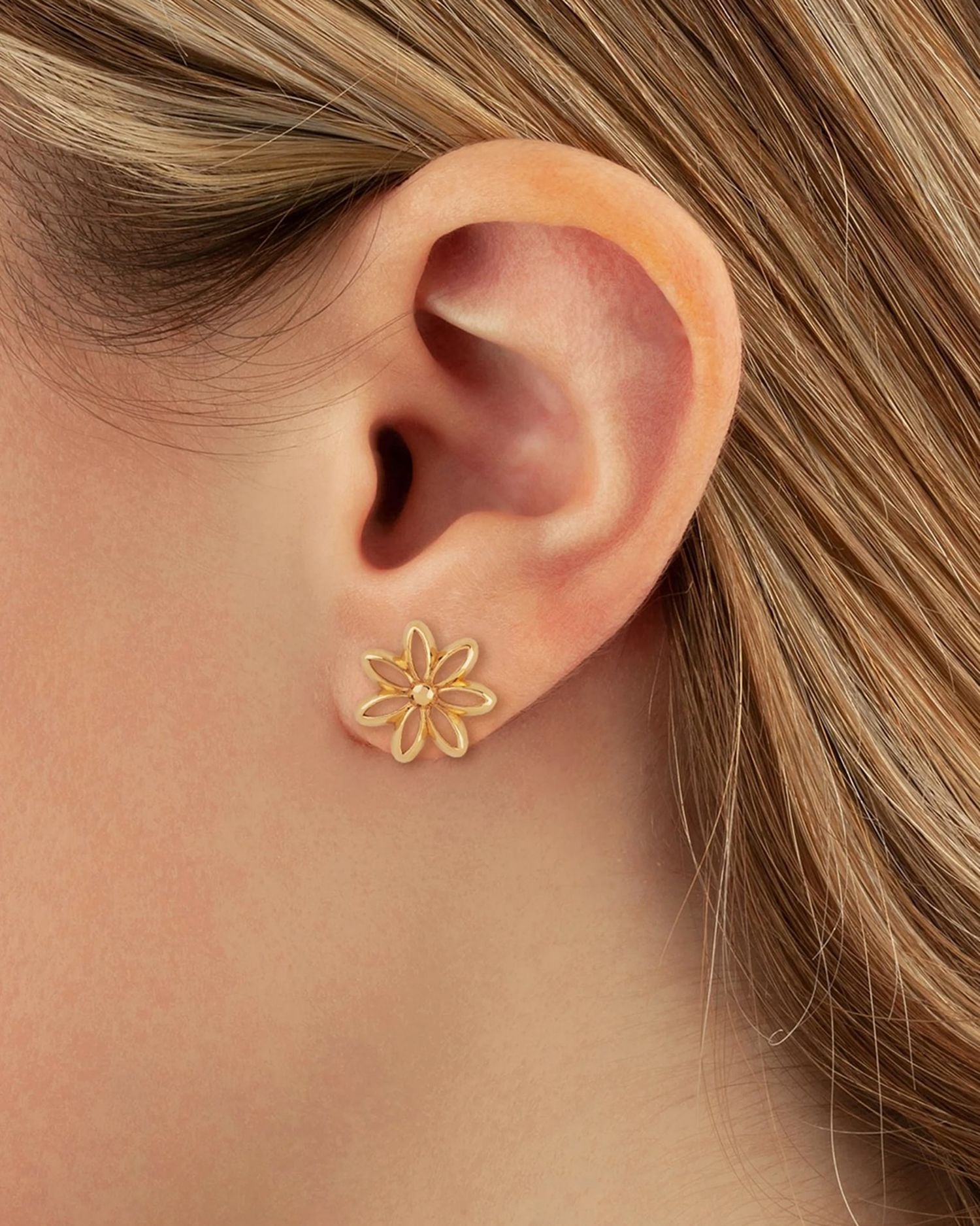 14K Yellow Gold Openwork Flower Stud Earrings