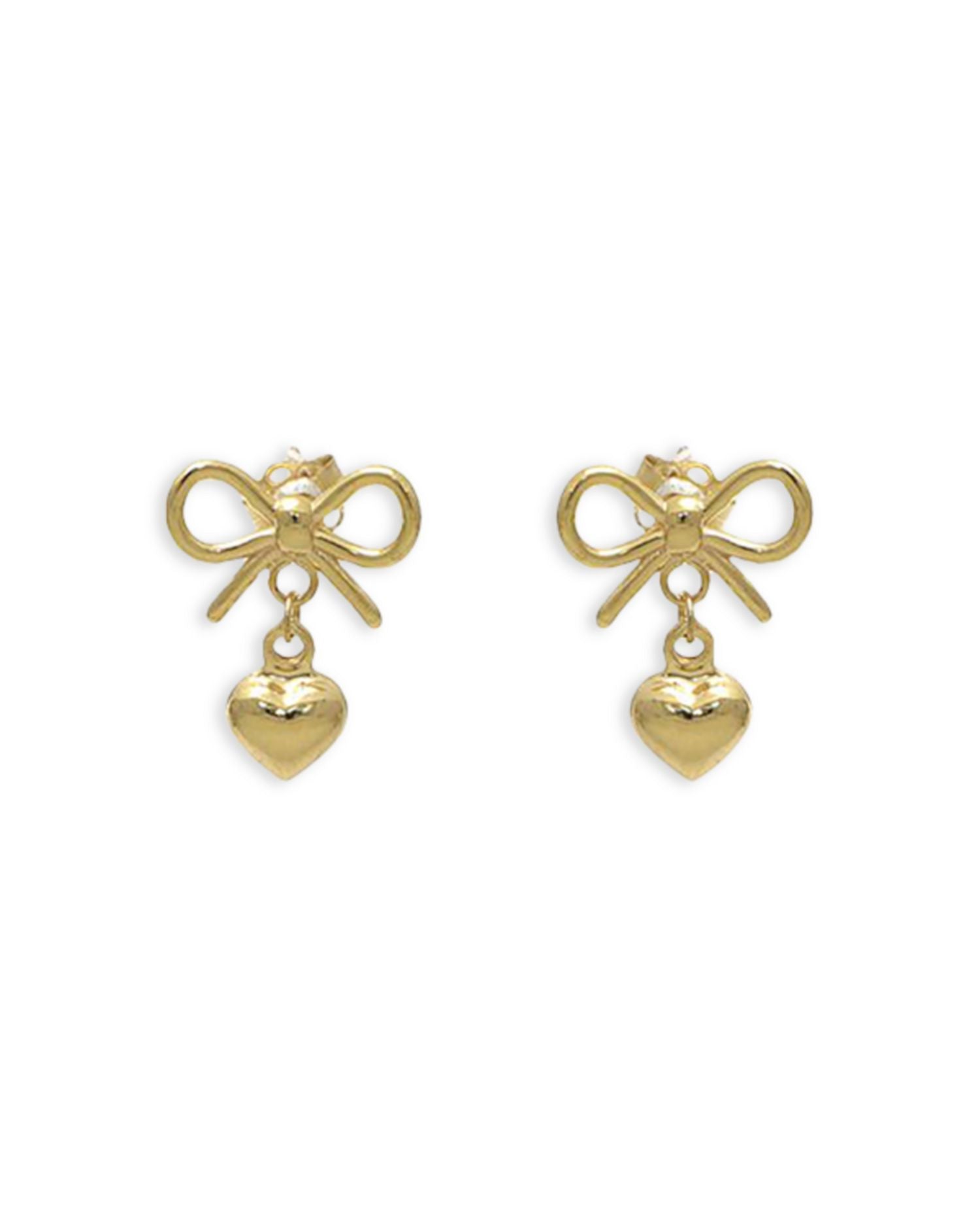 14K Yellow Gold Ribbon & Heart Drop Earrings