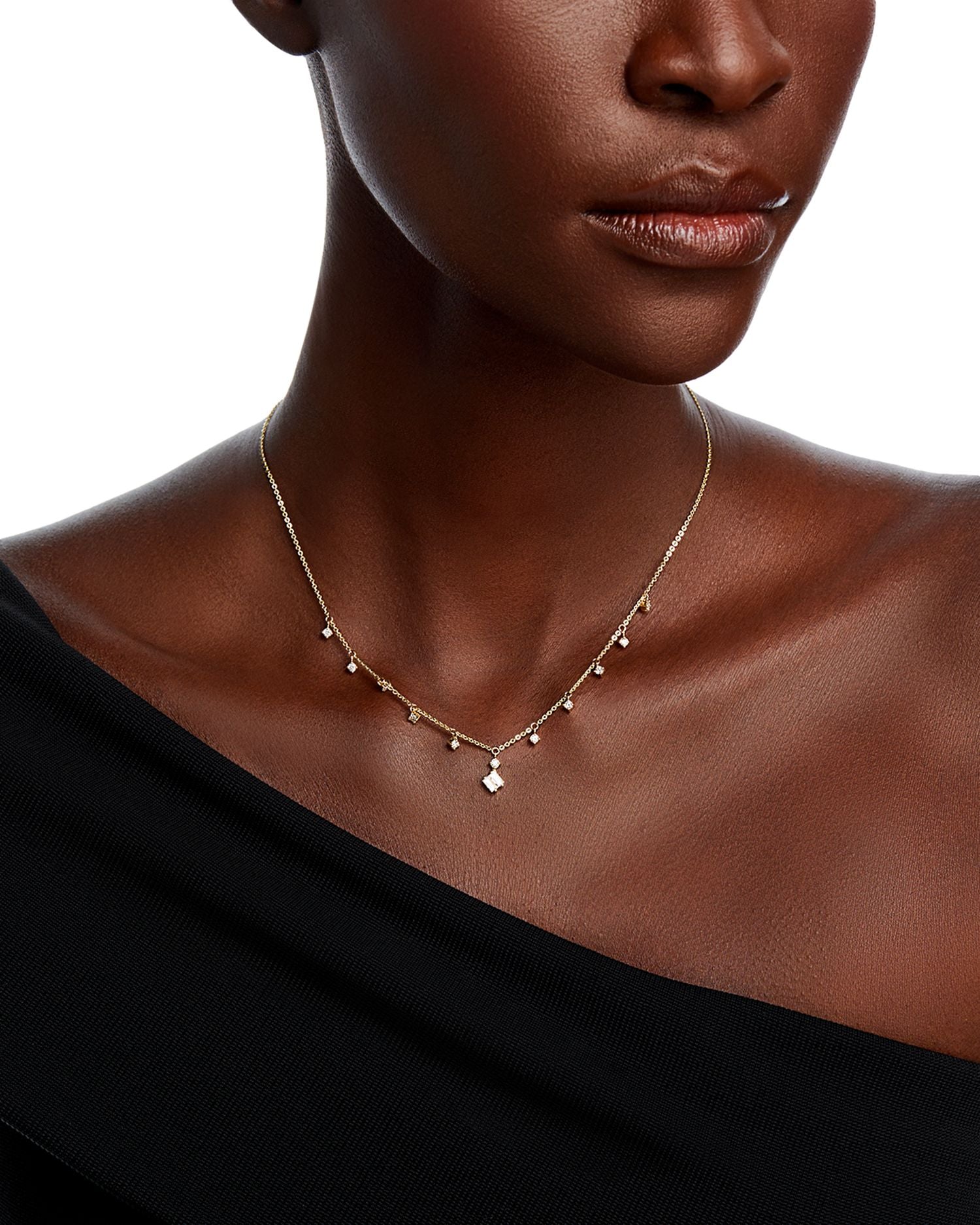 Diamond Round & Baguette Dangle Collar Necklace in 14K Yellow Gold, 0.64 ct. t.w.