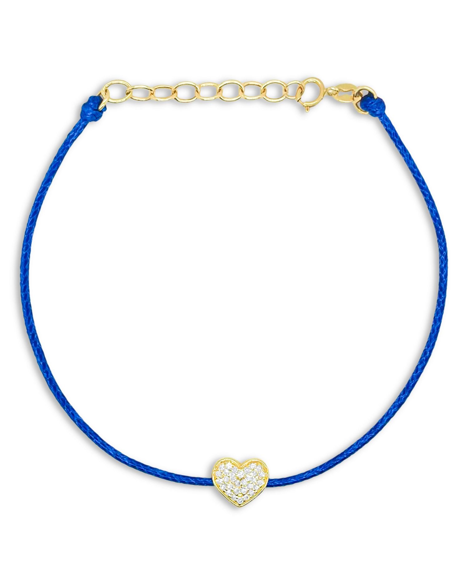 14K Yellow Gold Diamond Heart Blue Silk Cord Bracelet
