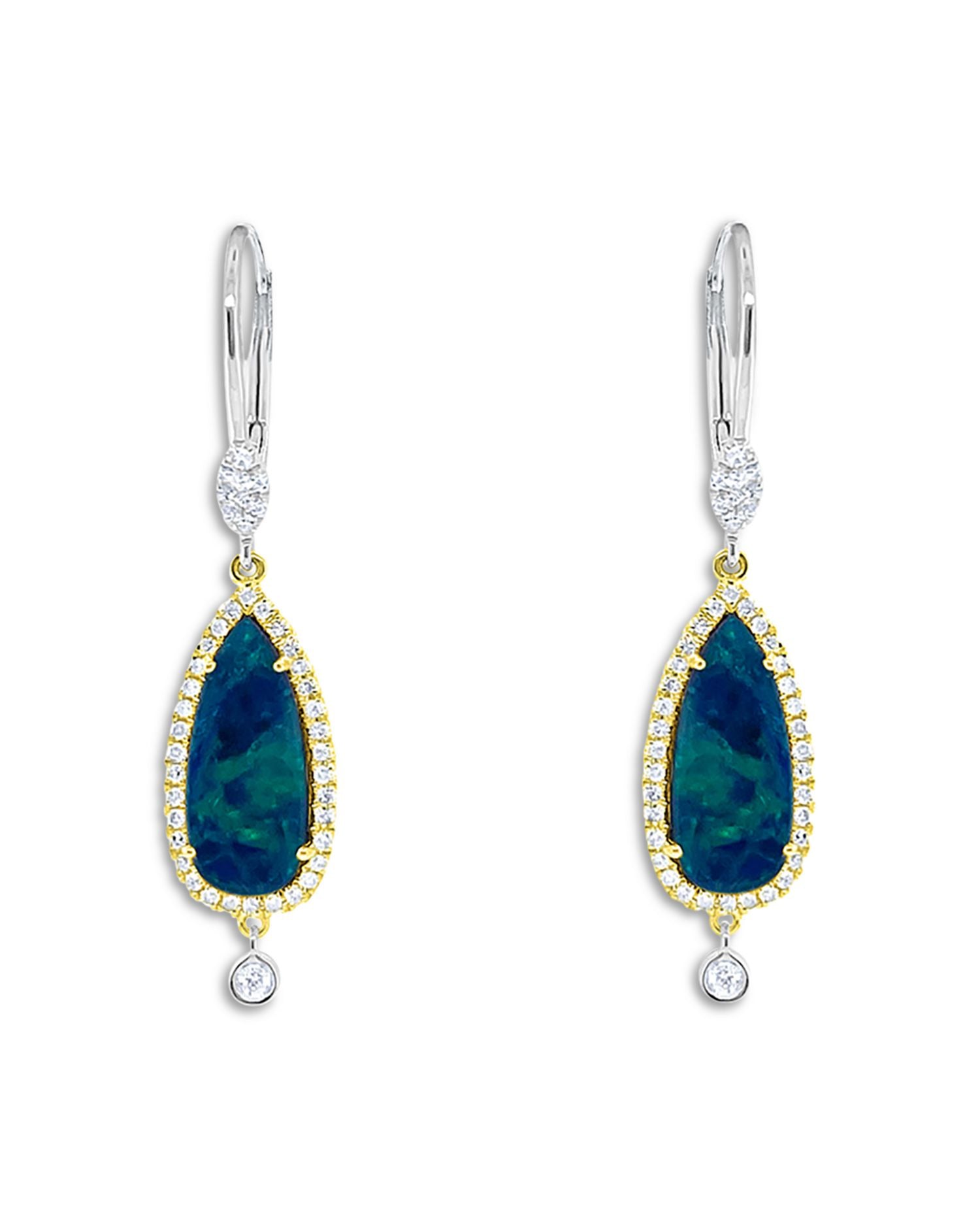 14K Yellow & White Gold Opal & Diamond Elongated Leverback Drop Earrings