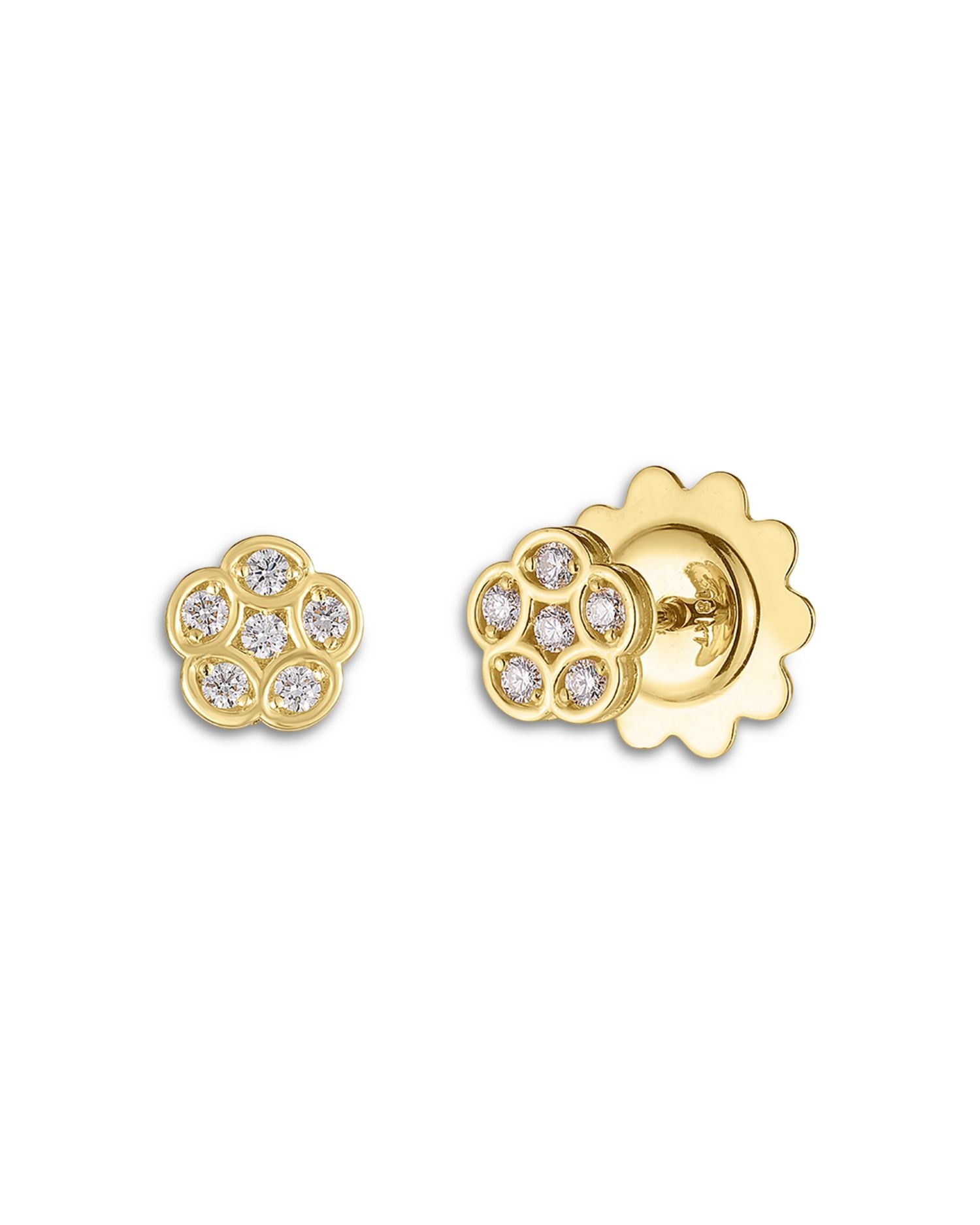 18K Yellow Gold Daisy Diamond Flower Stud Earrings