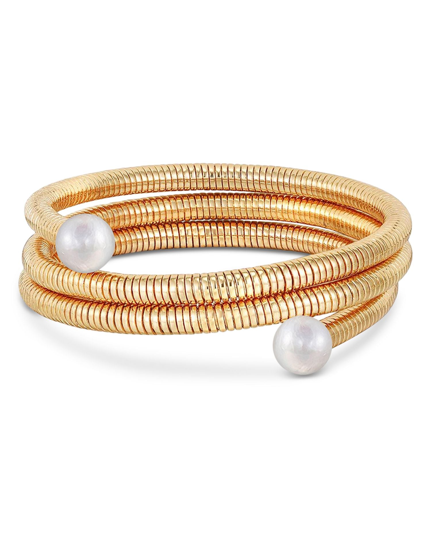 Imitation Pearl Spring Band Flex Coil Bracelet in 18K Gold Plated