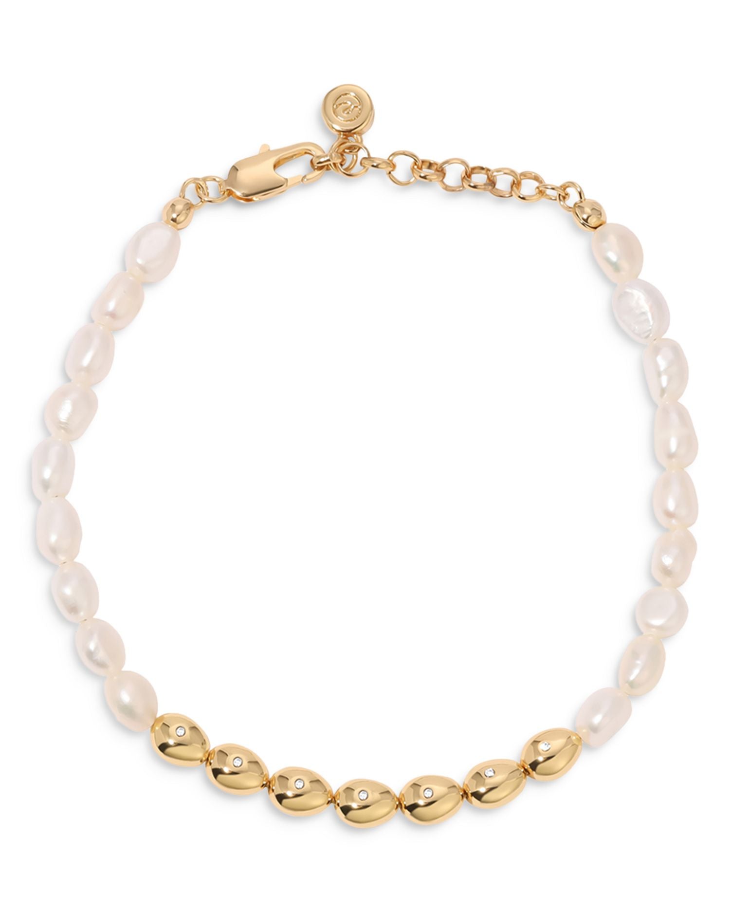 Pavé & Cultured Freshwater Pearl Polished Pebble Beaded Bracelet in 18K Gold Plated