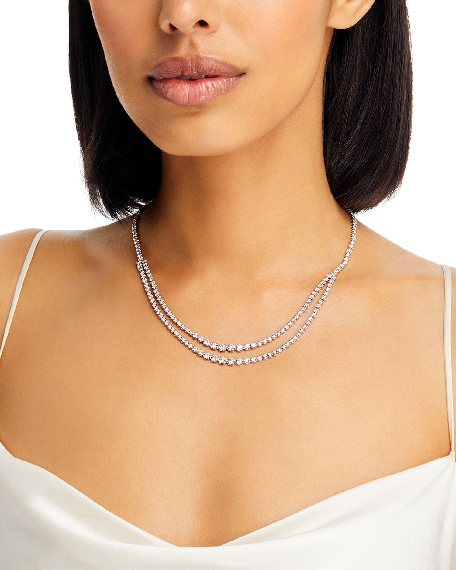 Diamond Crown Set Double Row Tennis Necklace in 14K White Gold, 6.50 ct. t.w.