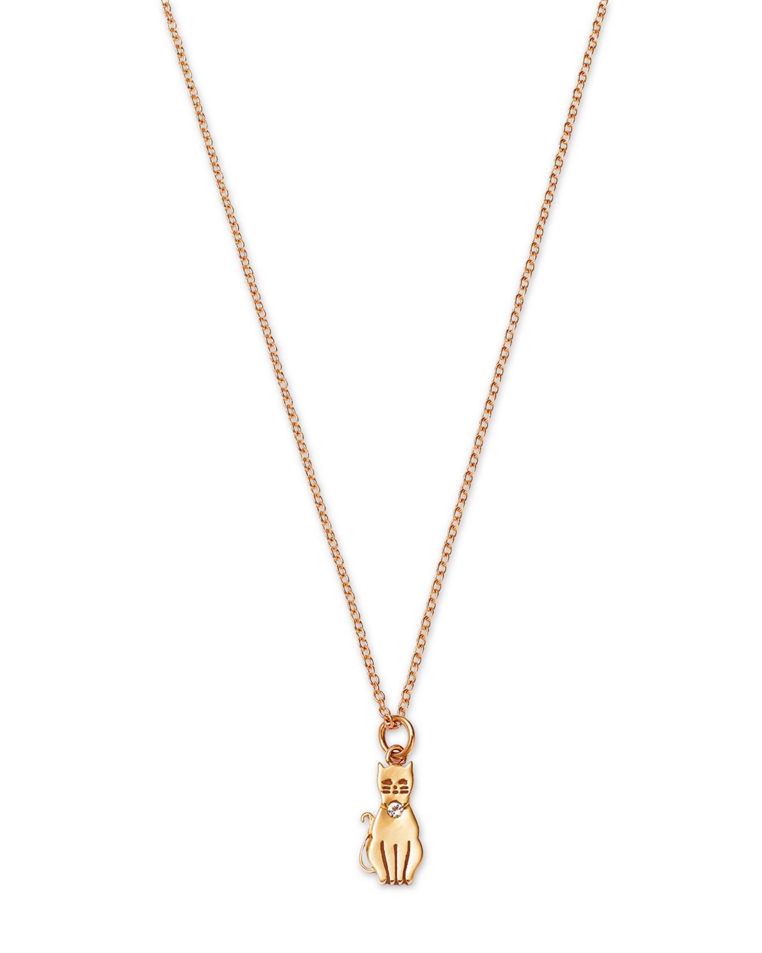 14K Yellow Gold White Sapphire Cat Pendant Necklace, 16'-18'