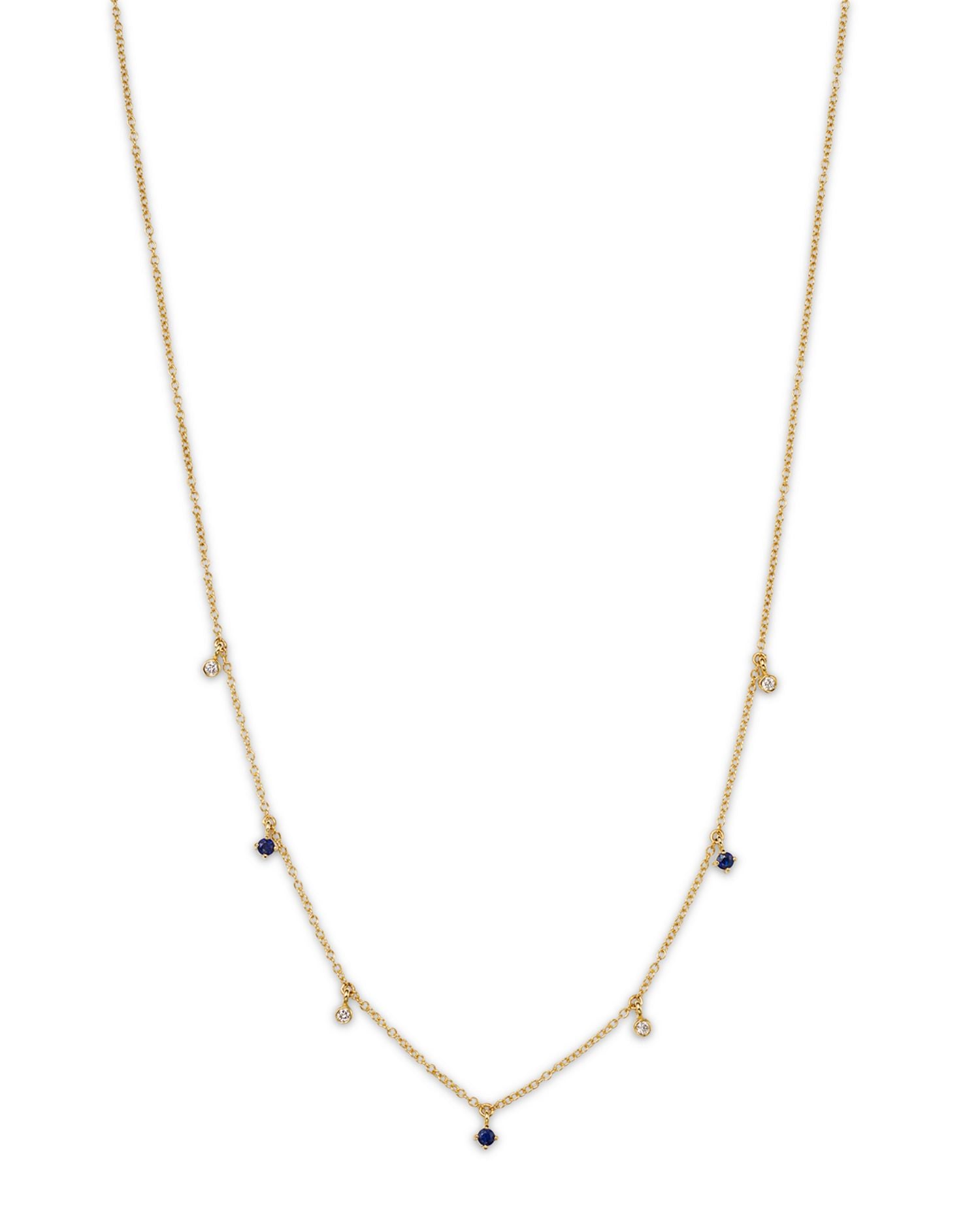14K Yellow Gold Dangling Station Blue Sapphire & Diamond Necklace, 14'