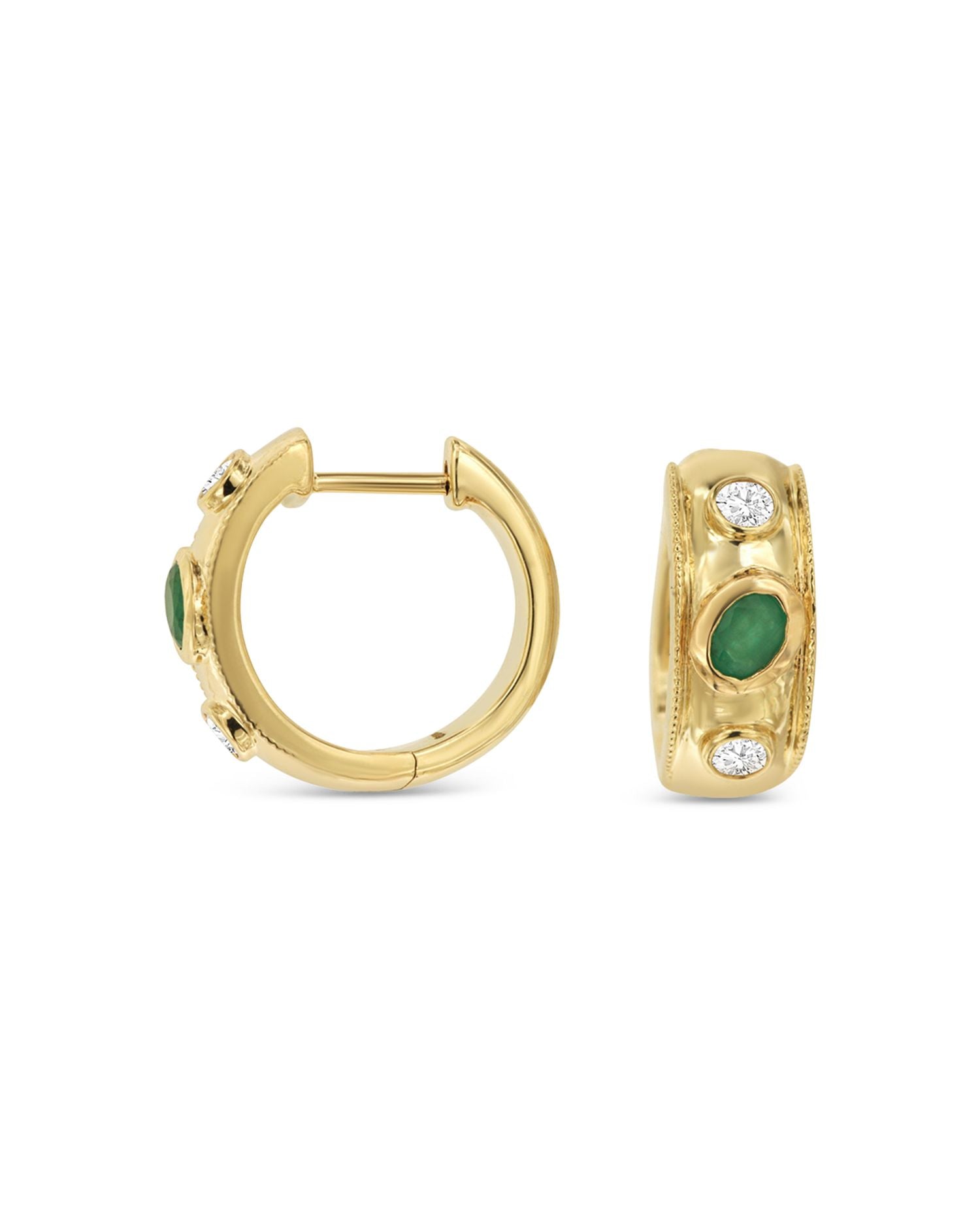 Emerald & Diamond Bezel Huggie Hoop Earrings in 14K Yellow Gold