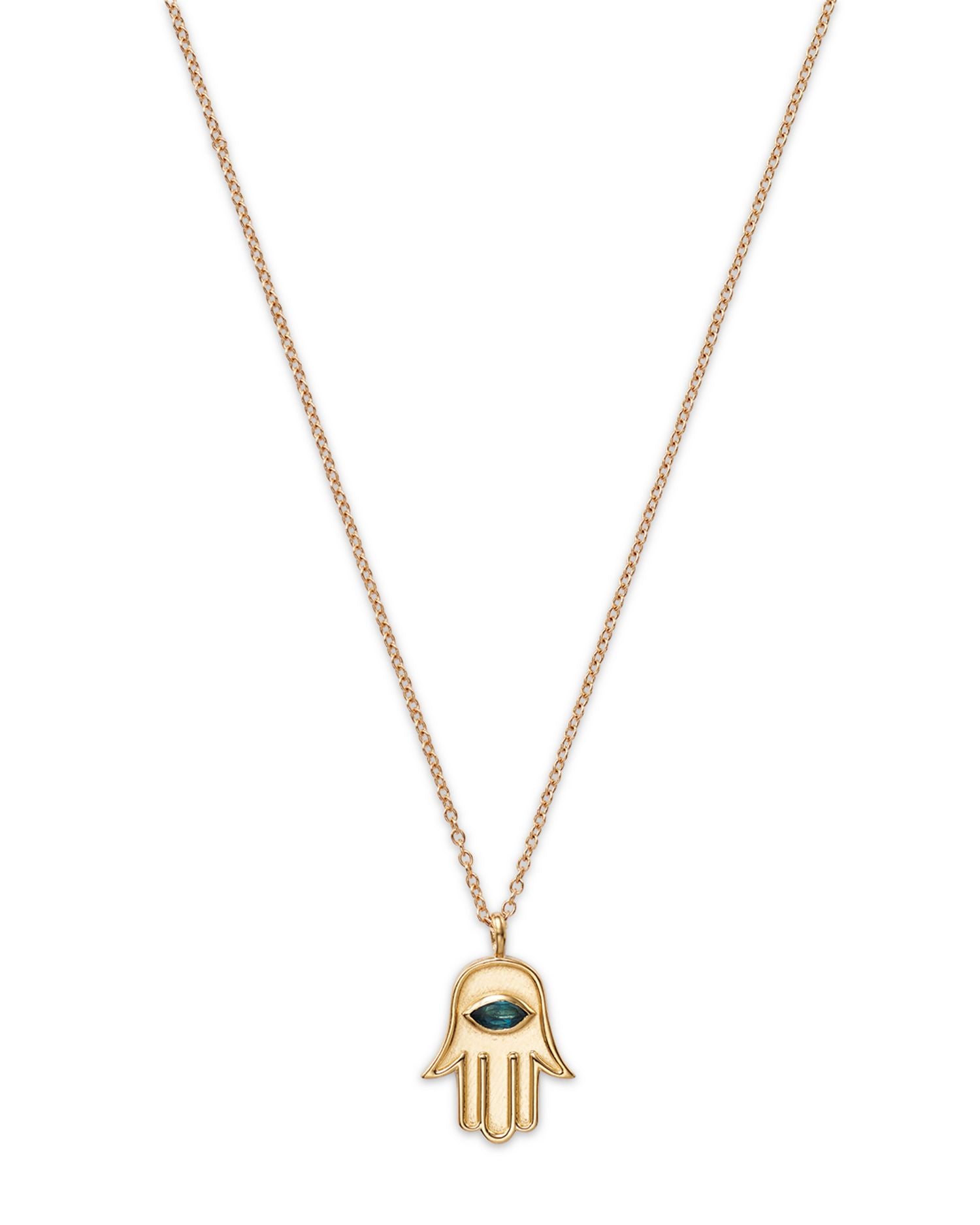 14K Yellow Gold Blue Topaz Marquis Hamsa Hand Pendant Necklace, 16-18'