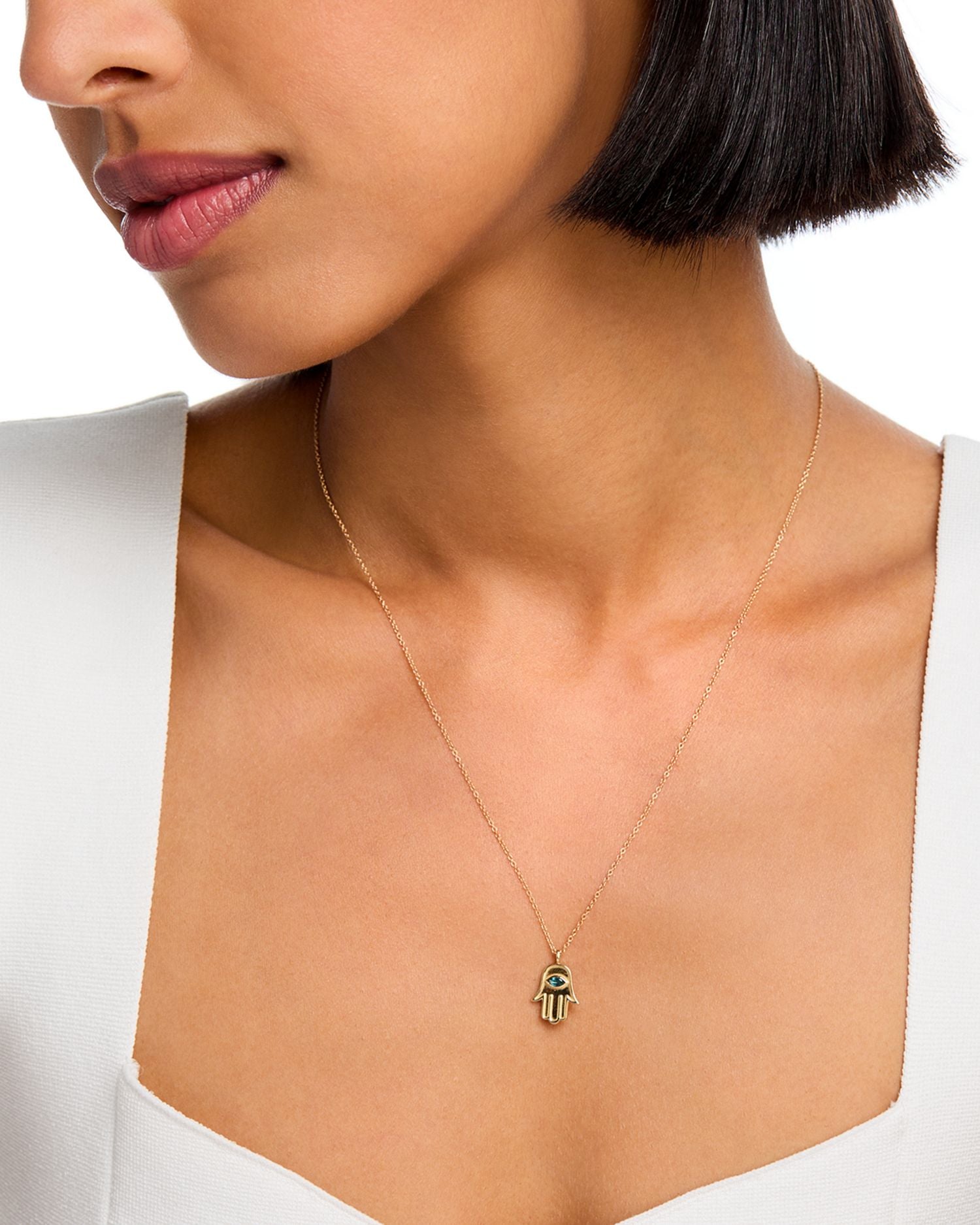 14K Yellow Gold Blue Topaz Marquis Hamsa Hand Pendant Necklace, 16-18'