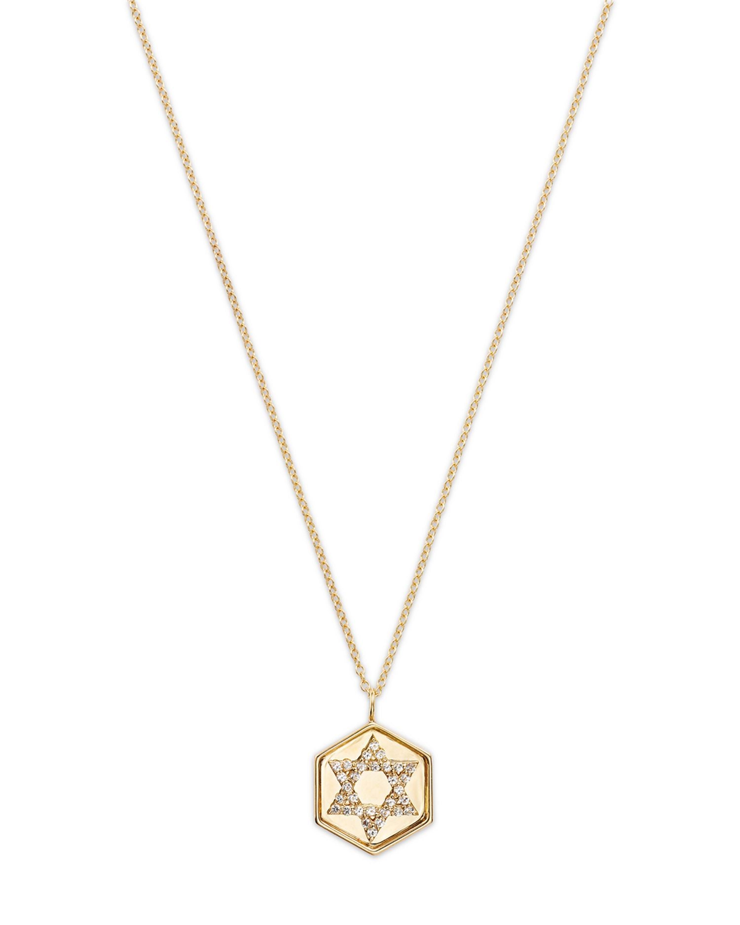 14K Yellow Gold White Topaz Star of David Disc Pendant Necklace, 16-18'