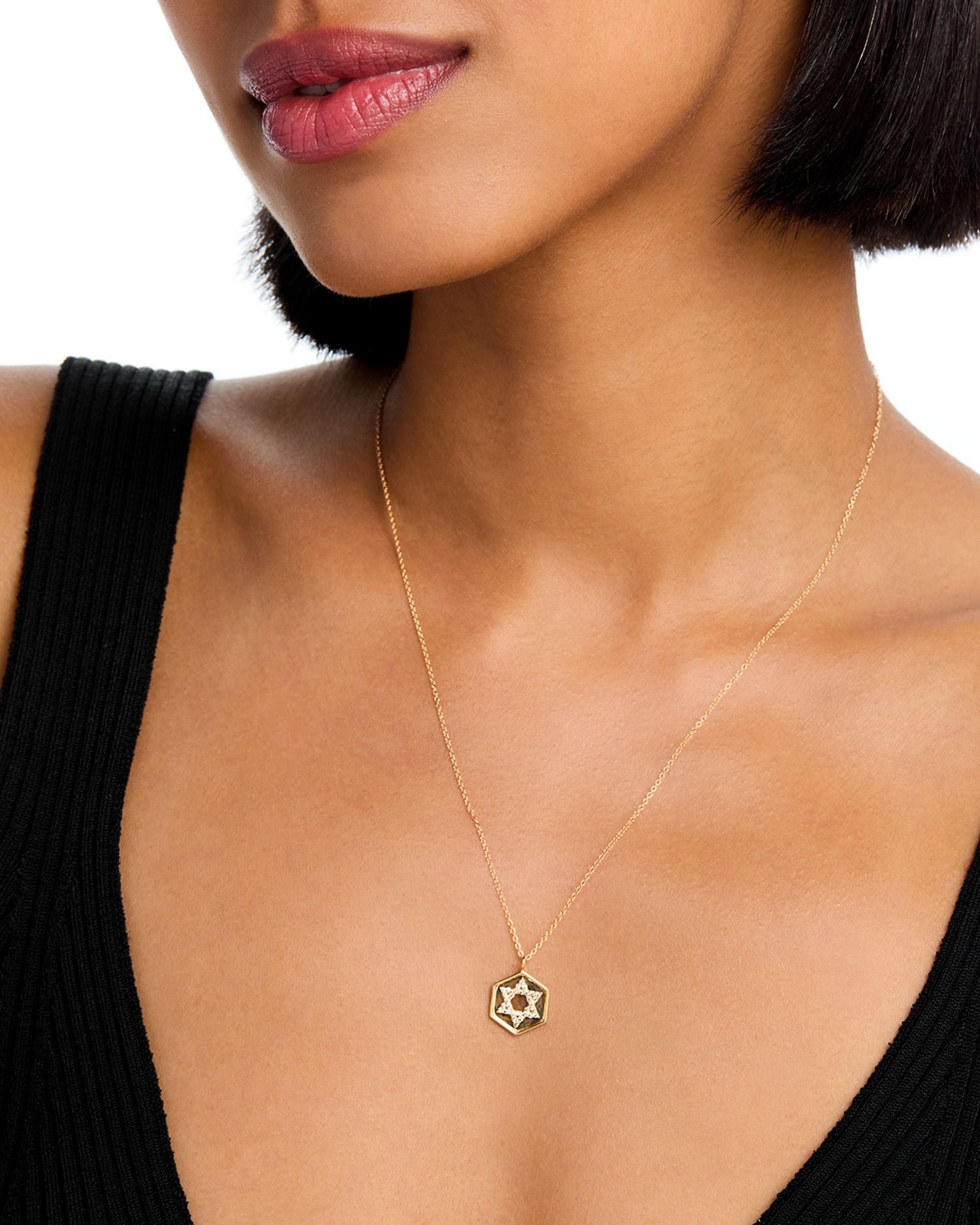 14K Yellow Gold White Topaz Star of David Disc Pendant Necklace, 16-18'