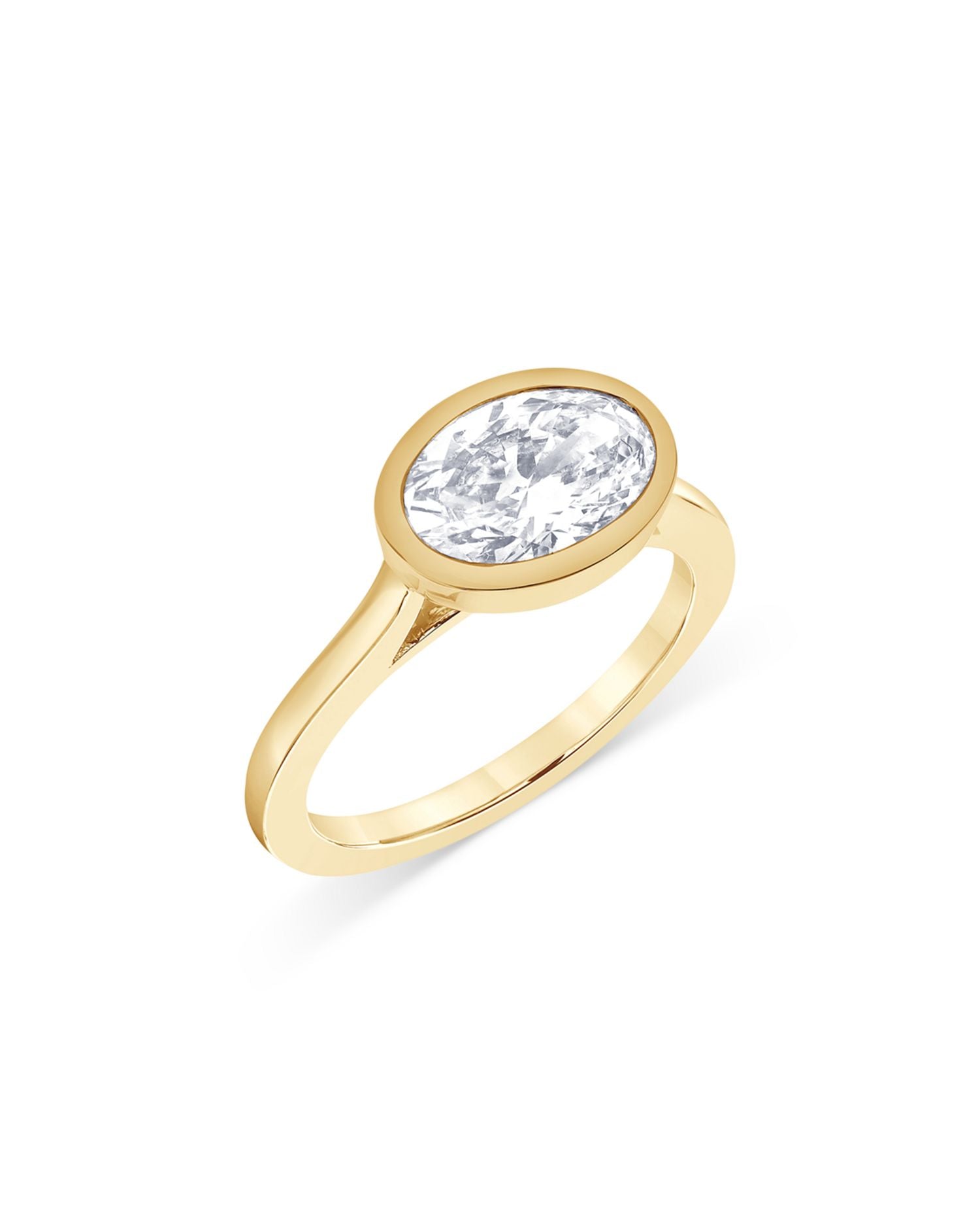 Certified Lab Grown Oval Diamond Bezel Set Engagement Ring in 18K Yellow Gold, 2.0 ct. t.w.
