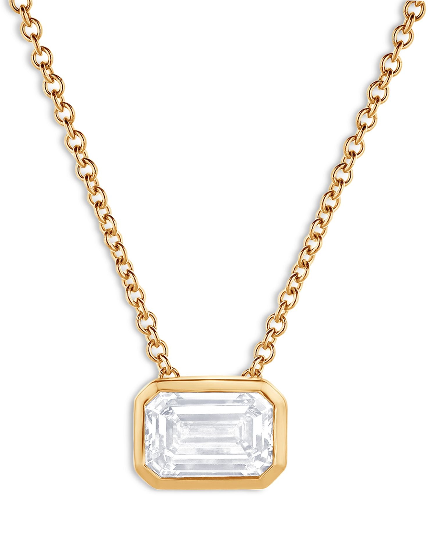 Certified Lab Grown Emerald Cut Diamond Bezel Set Pendant Necklace in 18K Yellow Gold, 2.0 ct. t.w.