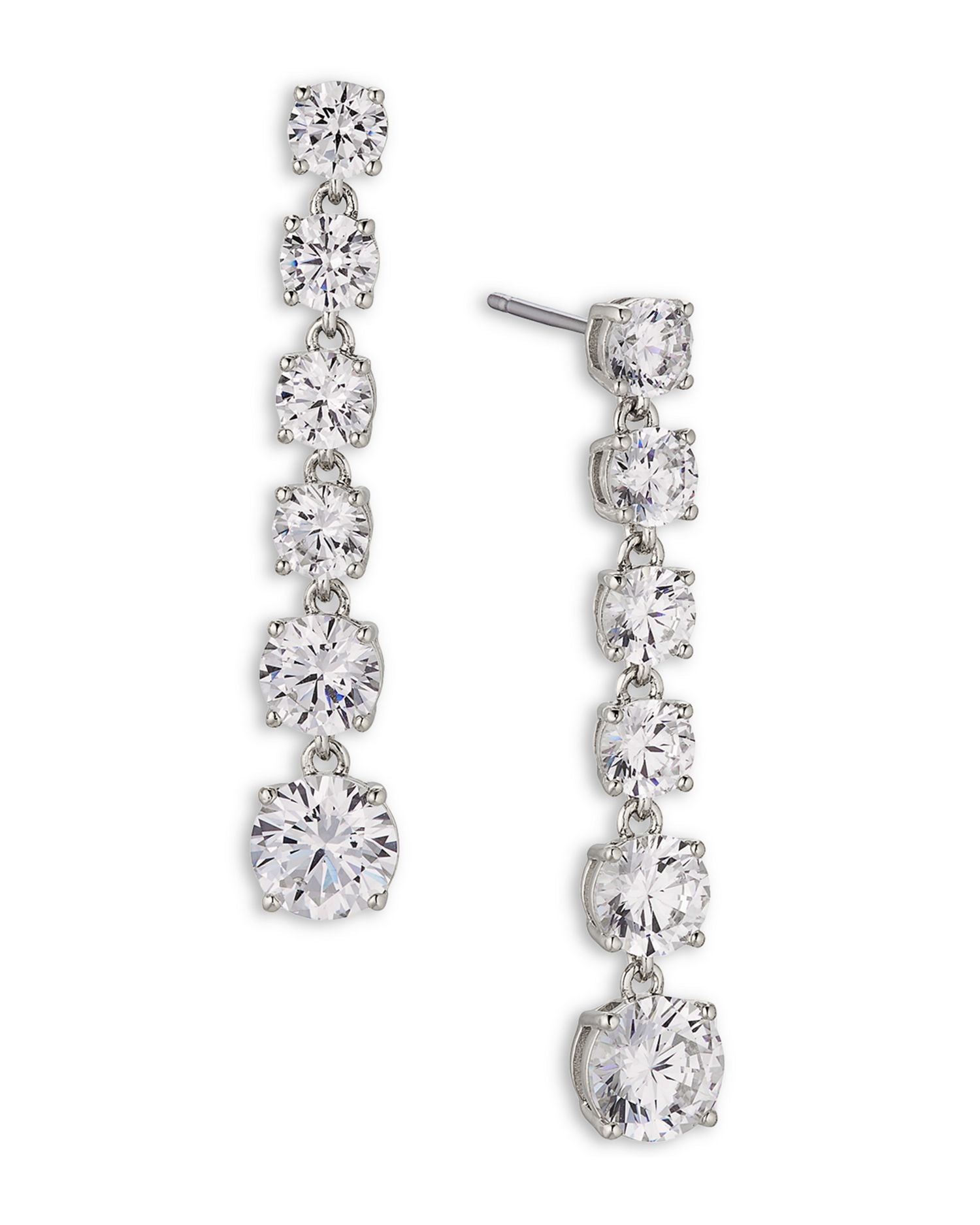 Perfect Tennis Cubic Zirconia Graduated 4 Prong Linear Drop Earrings in Rhodium Plated