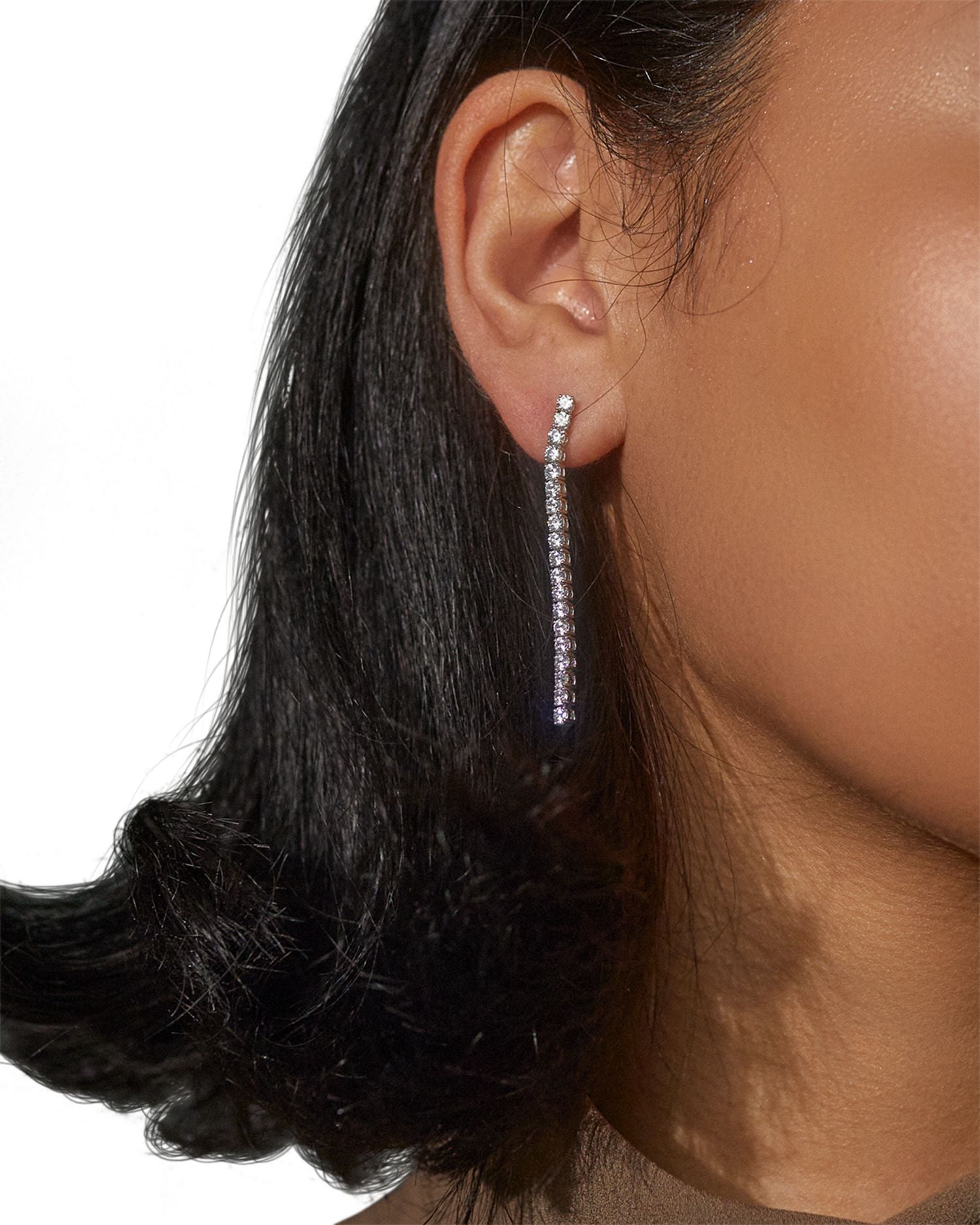 Perfect Tennis Cubic Zirconia Linear Drop Earrings in Rhodium Plated