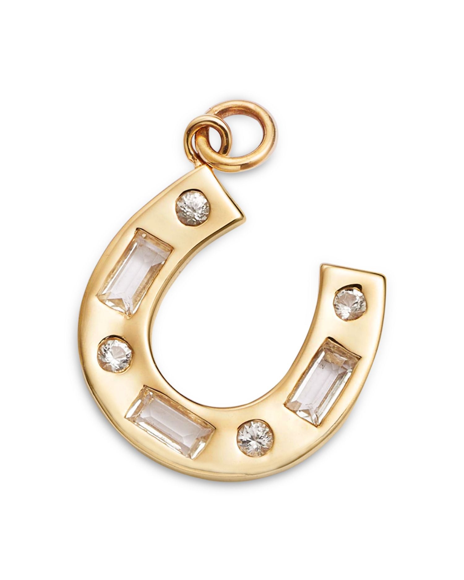 14K Yellow Gold White Topaz Round & Baguette Horseshoe Charm Pendant