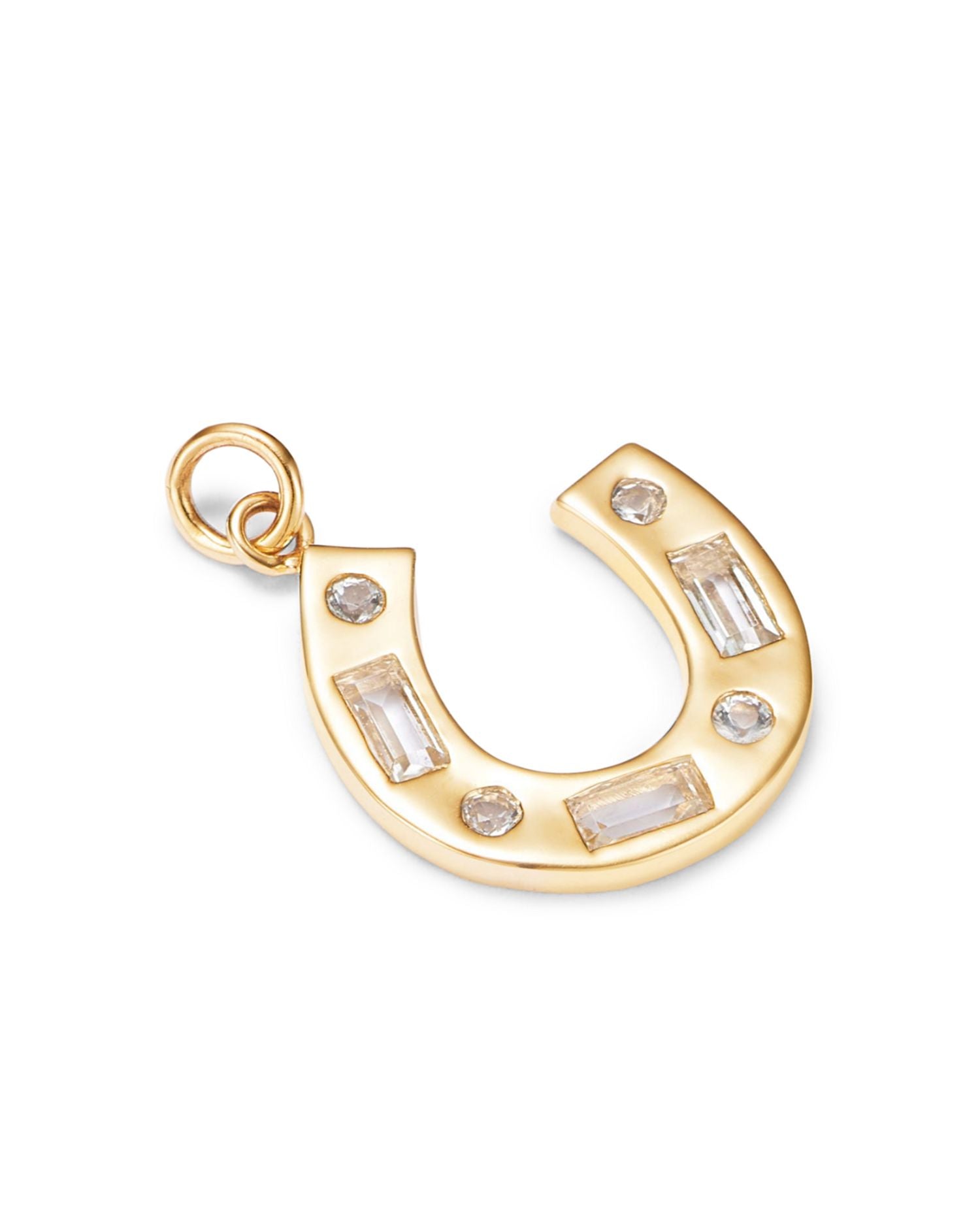 14K Yellow Gold White Topaz Round & Baguette Horseshoe Charm Pendant