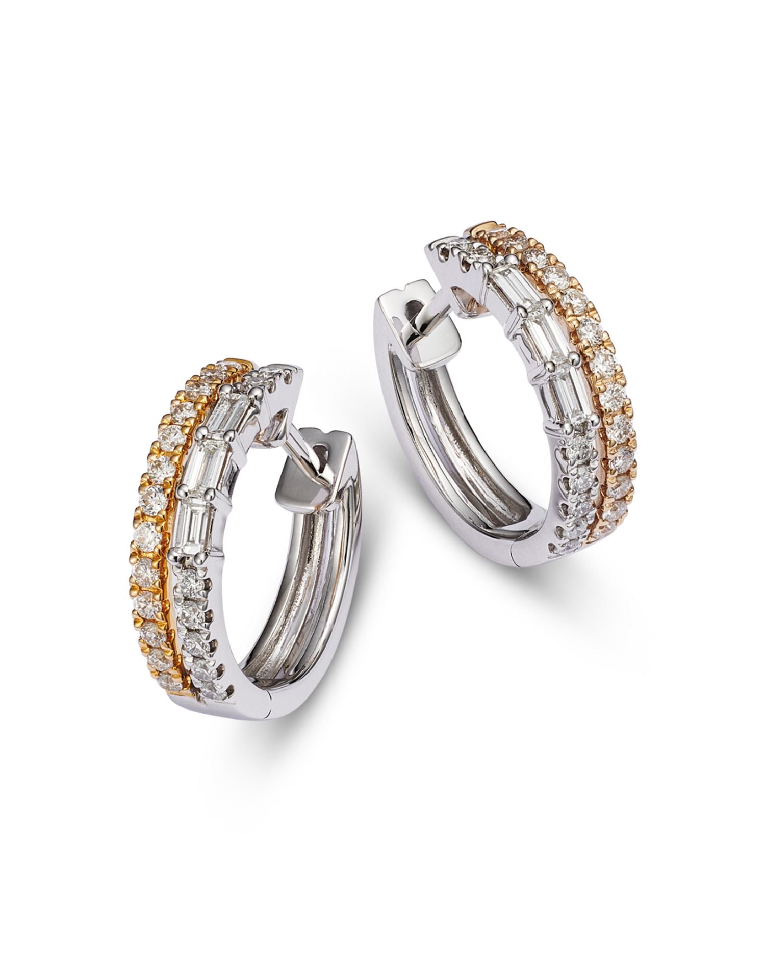 Diamond Round & Baguette Small Double Hoop Earrings in 14K Yellow & White Gold, 0.53 ct. t.w.