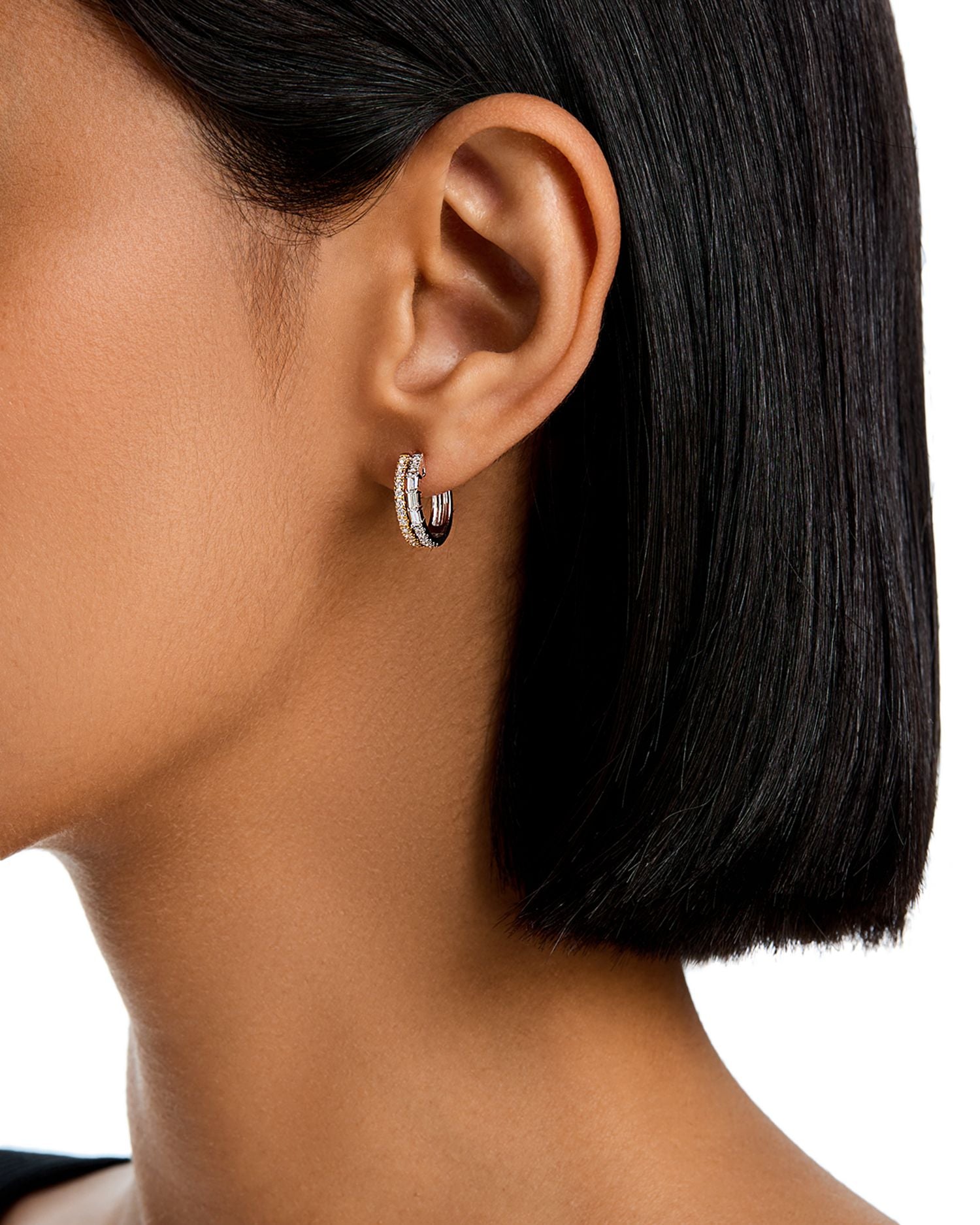 Diamond Round & Baguette Small Double Hoop Earrings in 14K Yellow & White Gold, 0.53 ct. t.w.