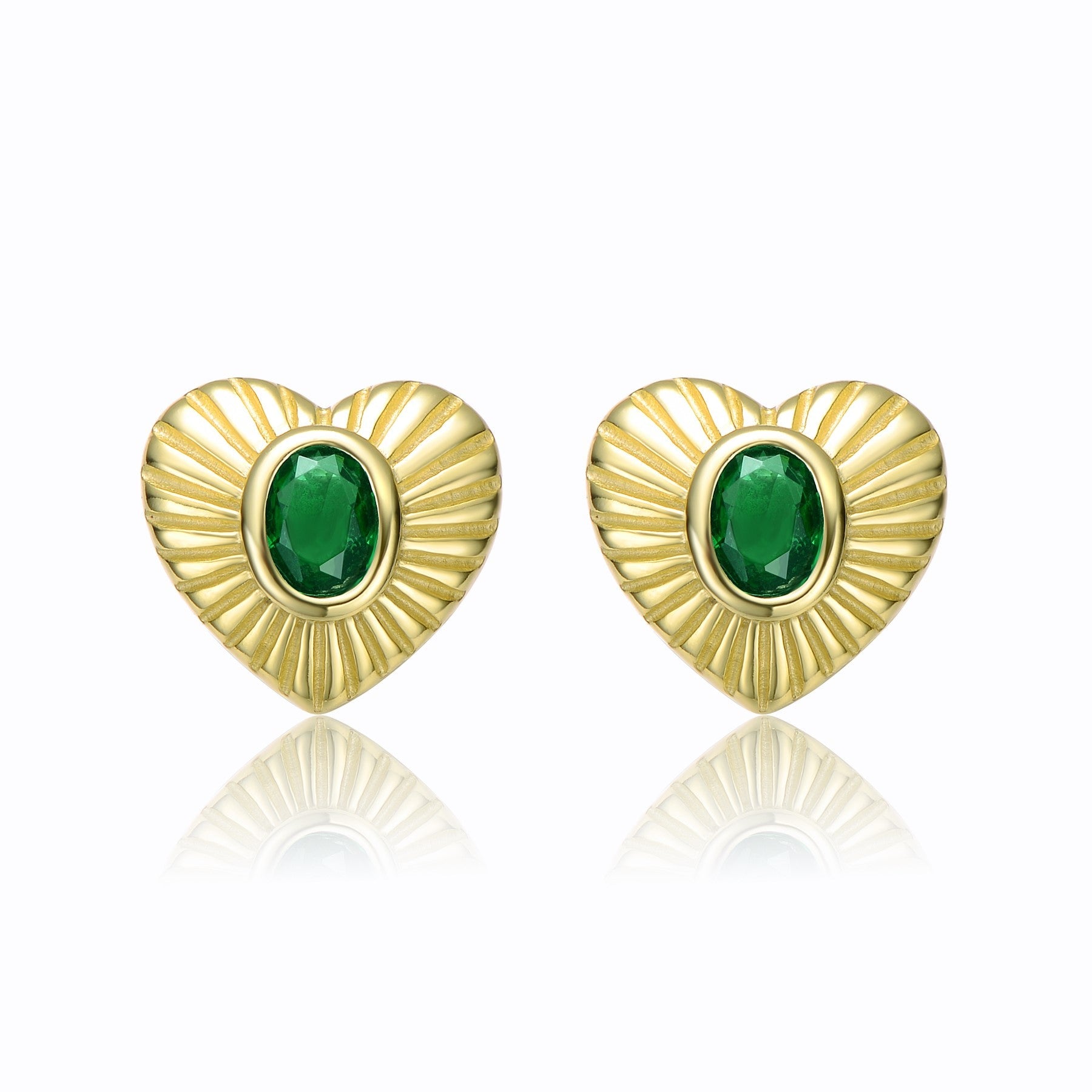 GV Sterling Silver 14k Yellow Gold Plated with Emerald Cubic Zirconia Sunray Heart Stud Earrings