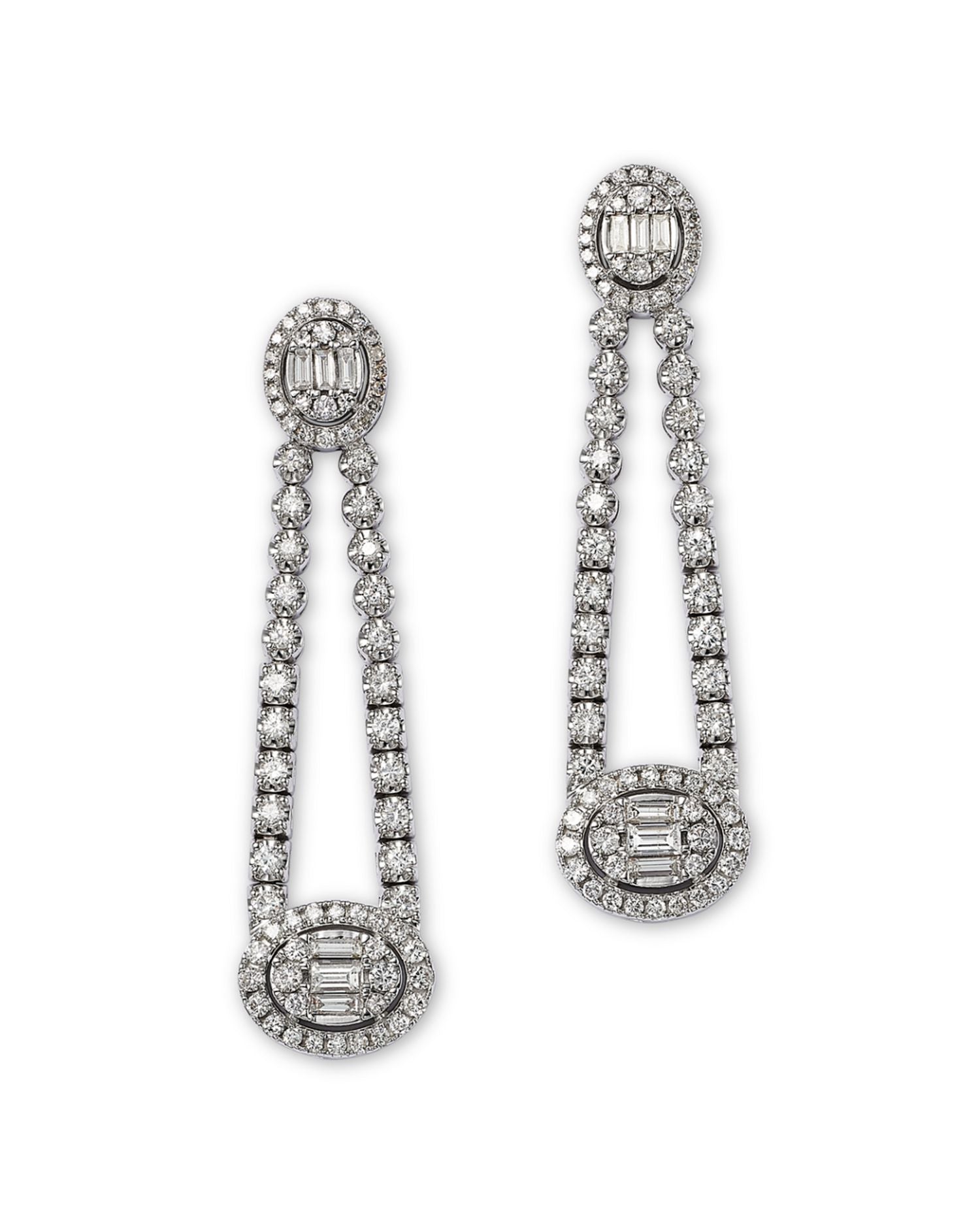 Diamond Round & Baguette Halo Mosaic Drop Earrings in 14k White Gold, 2.25 ct. t.w.