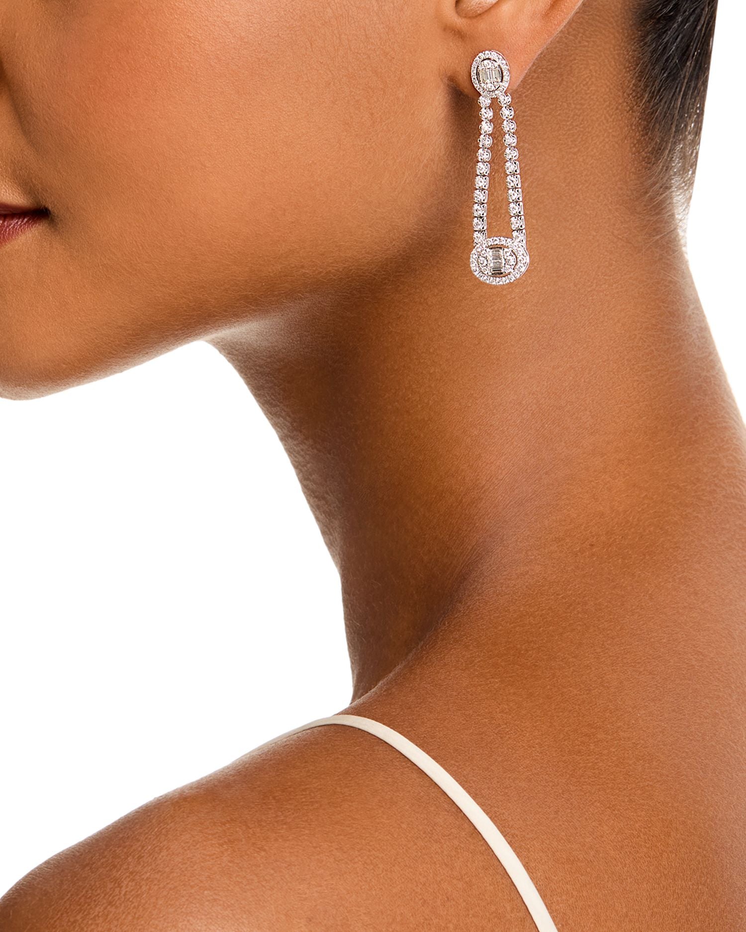 Diamond Round & Baguette Halo Mosaic Drop Earrings in 14k White Gold, 2.25 ct. t.w.