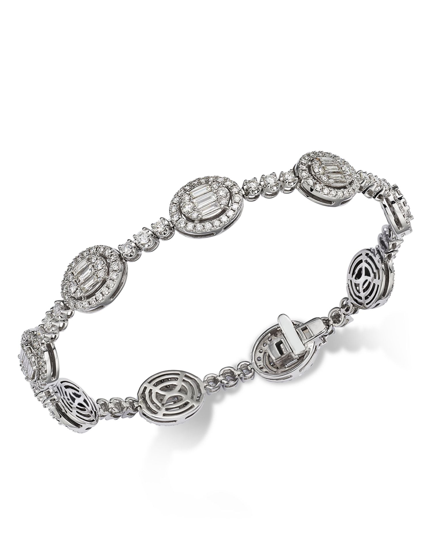 Diamond Round & Baguette Halo Mosaic Tennis Bracelet in 14k White Gold, 4.0 ct. t.w