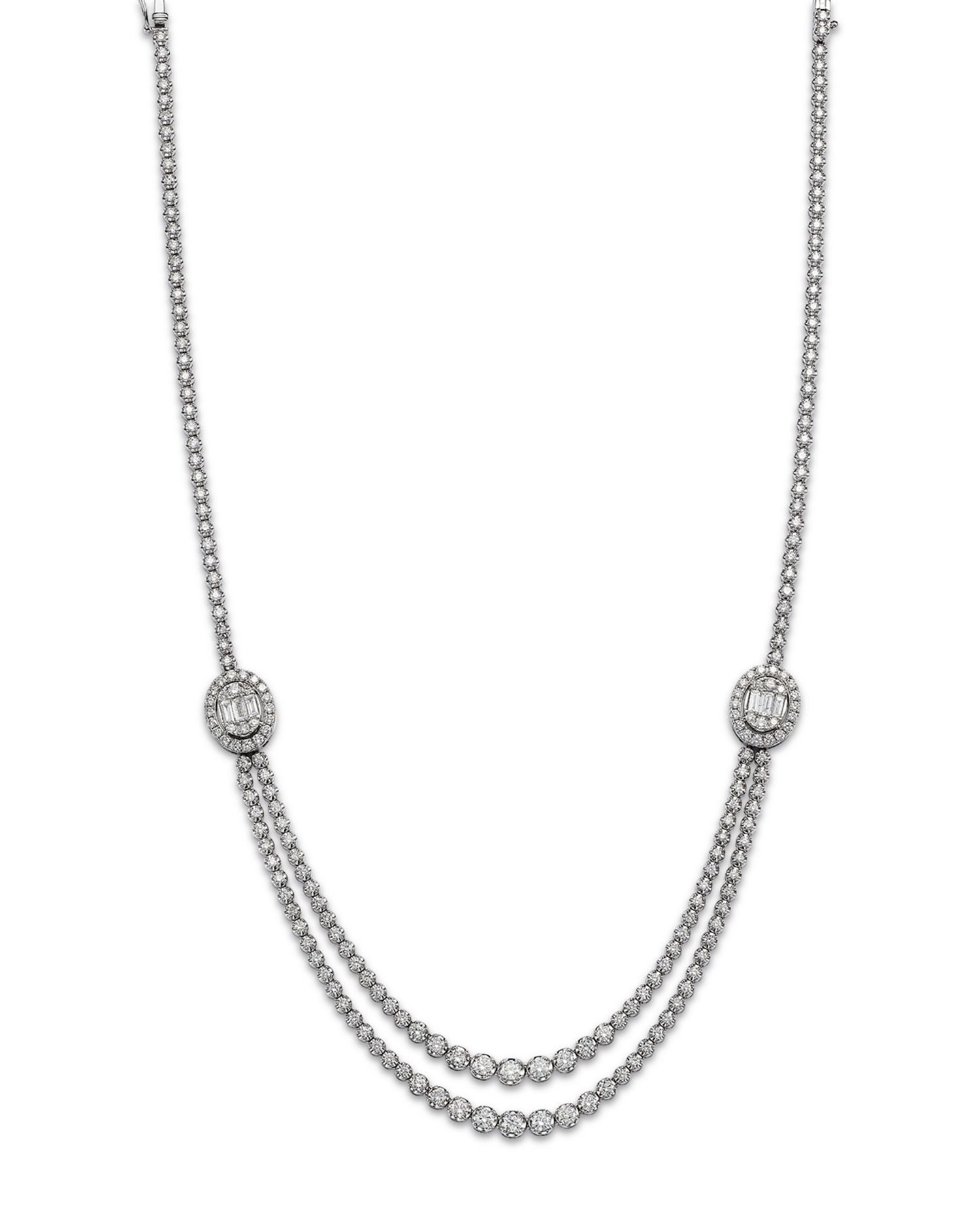 Diamond Round & Baguette Halo Mosaic Double Row Tennis Necklace in 14K White Gold, 7.50 ct. t.w.