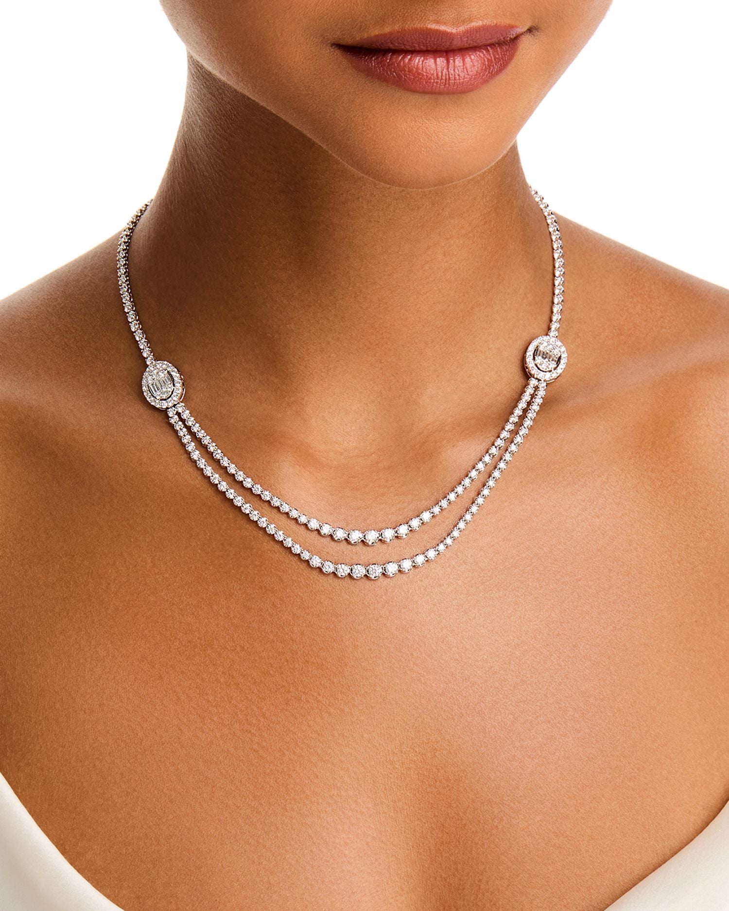 Diamond Round & Baguette Halo Mosaic Double Row Tennis Necklace in 14K White Gold, 7.50 ct. t.w.